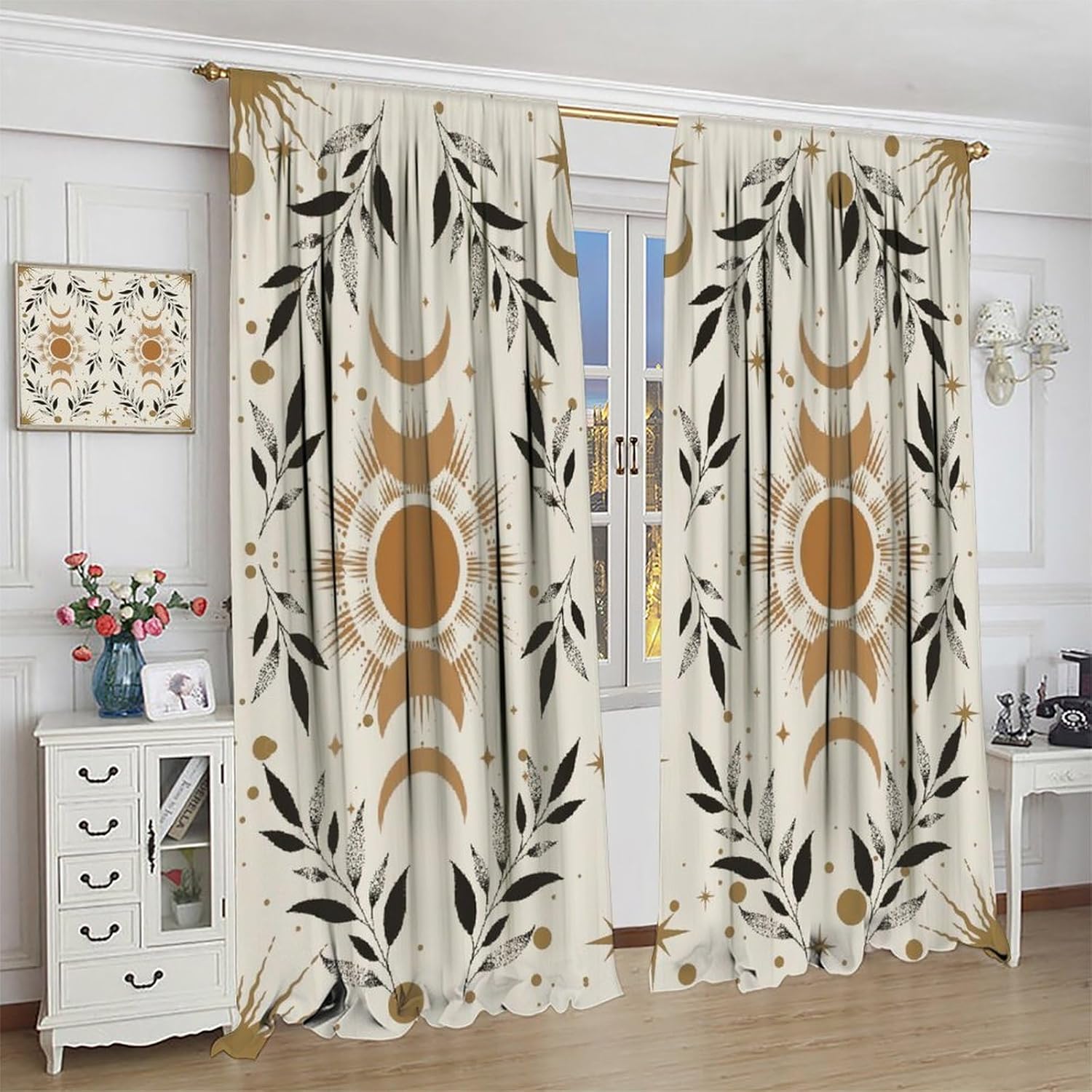 Moon Phase Curtains, Boho Mystic Celestial with Sun Moon Star Window Curtains, Magic Lunar Cycles Drapes for Living Room Bedroom 42x63in (No Blackout)