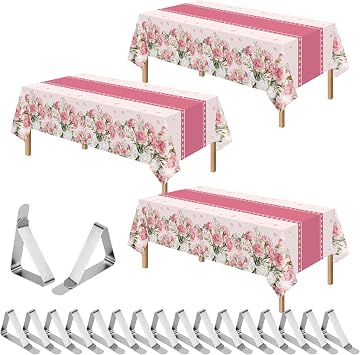Kelool 3 Pack Mothers Day Tablecloth Rectangular Disposable,16 Pcs Tablecloth Clips,54 x 108 Inch Mothers Day Decorations Tablecloths,Metal Picnic Table Clips