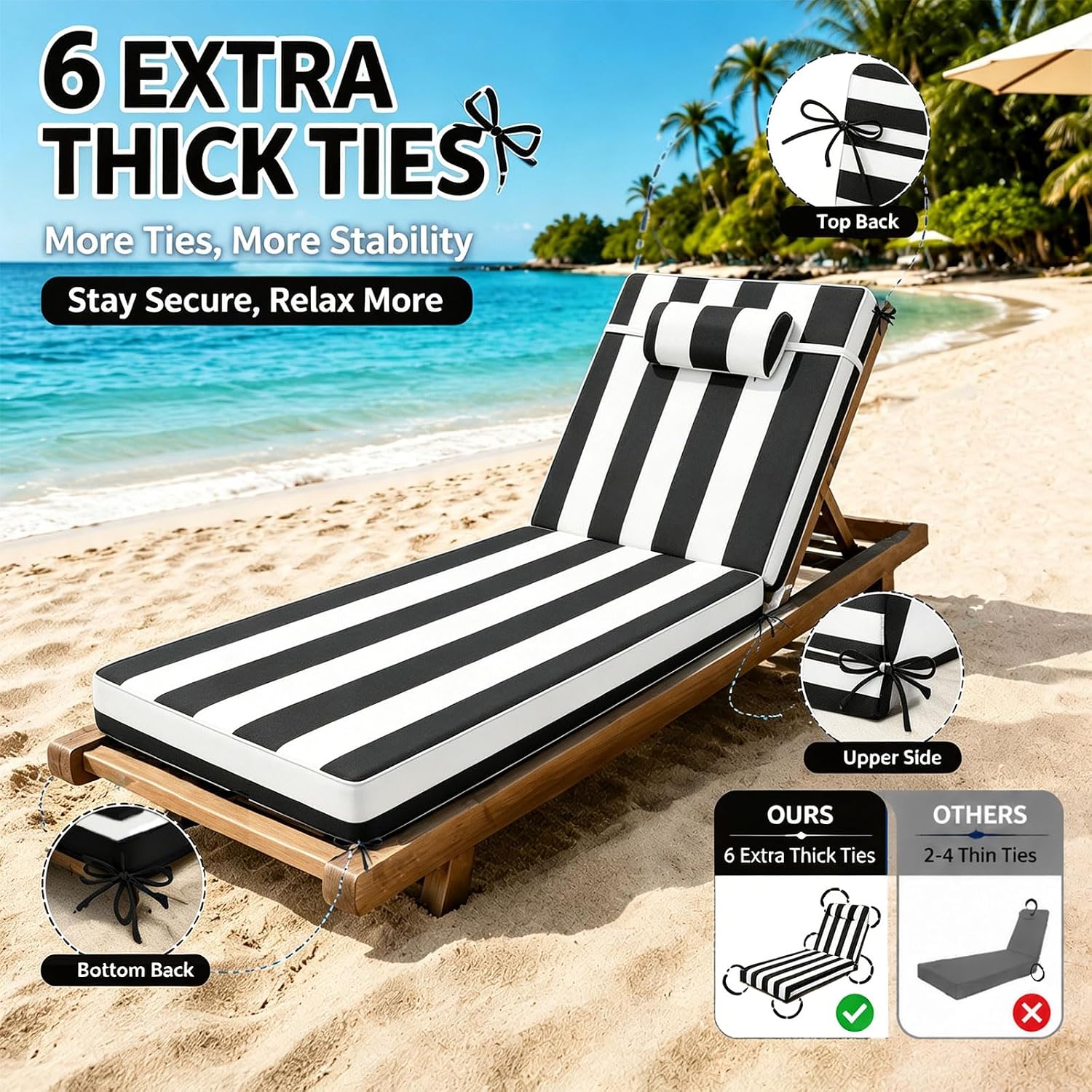 Chaise Lounge Cushion for Outdoor Furniture, Waterproof, Fade-Resistant and Tear Resistant, Patio Lounger Pads with Removable Cover for Pool, Deck, Lawn, 72x21x4 Inch, Black & White Stripe