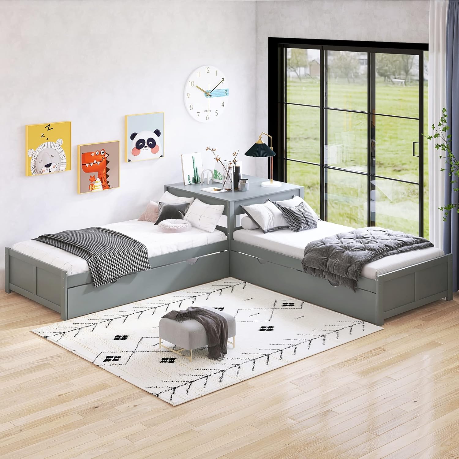 SIYAHOME LShaped Platform Beds with Trundle,Wooden One
