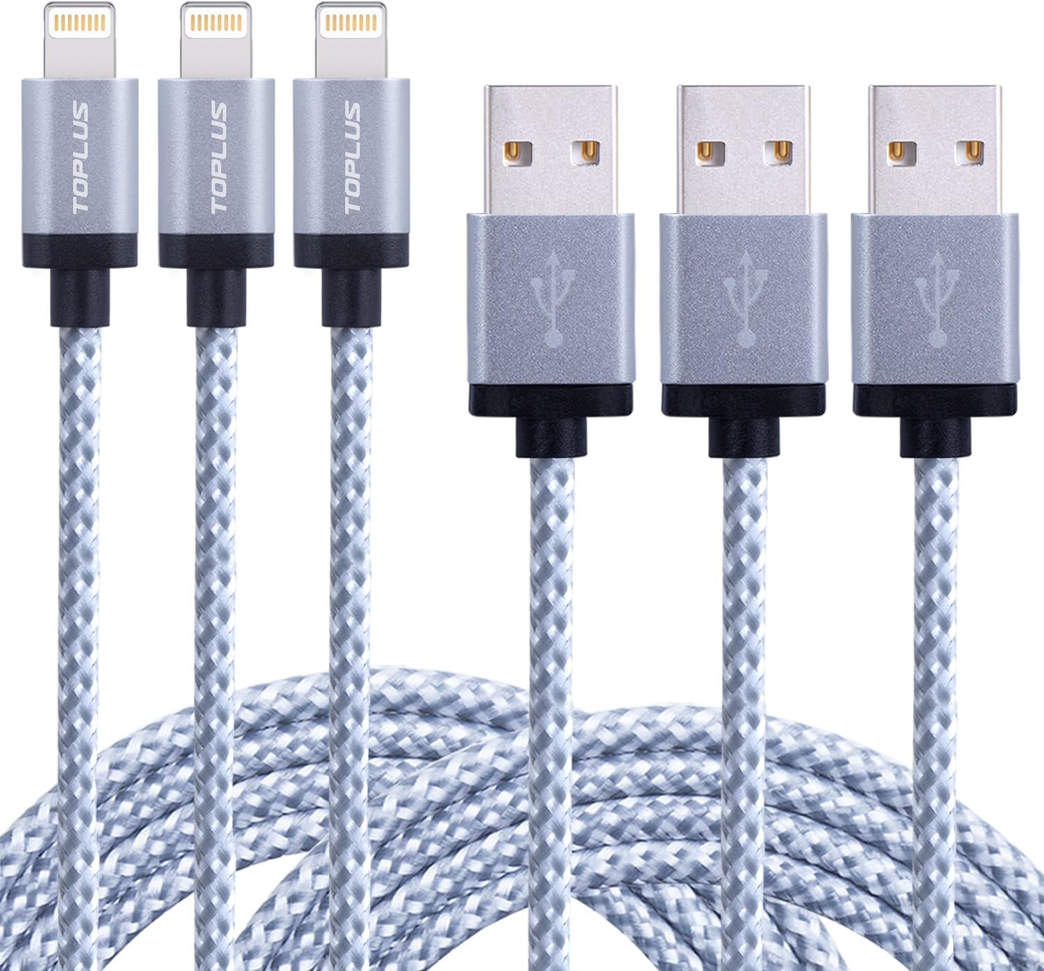 TOPLUS (3 Pack) 2m/6ft Nylon Braided Sync Lightning to USB Cable Charger Compatible with Apple iPhone 7,6/6 Plus, 6s/6s Plus, 5/5c/5s/SE, iPad, iPod