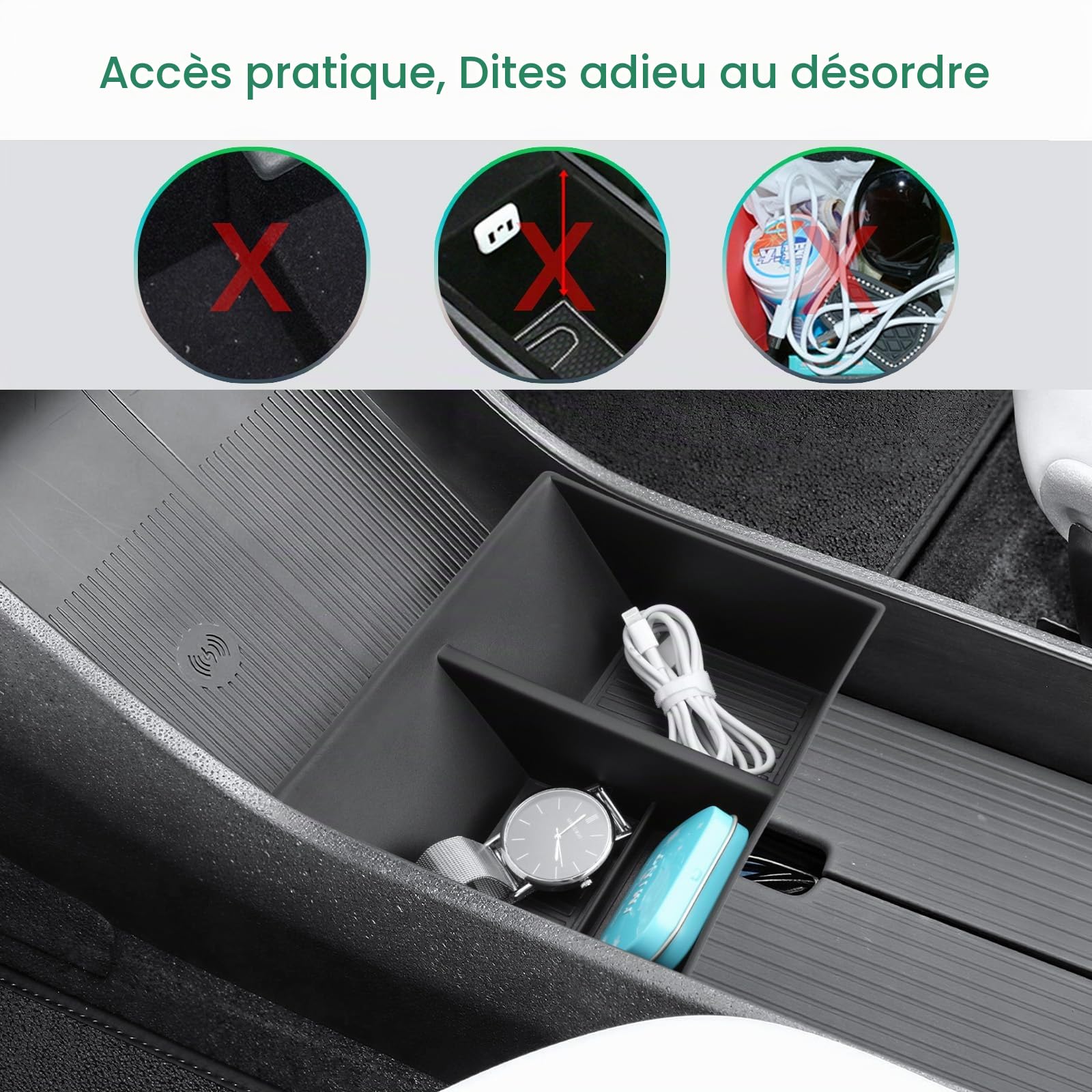 GAFAT Compatible avec Volvo EX30 2026 2025 2024 Boîte de rangement pour console centrale, plateaux de rangement inférieurs pour EX 30 accessoires, en caoutchouc TPE, antidérapant avec 4 coussinets en
