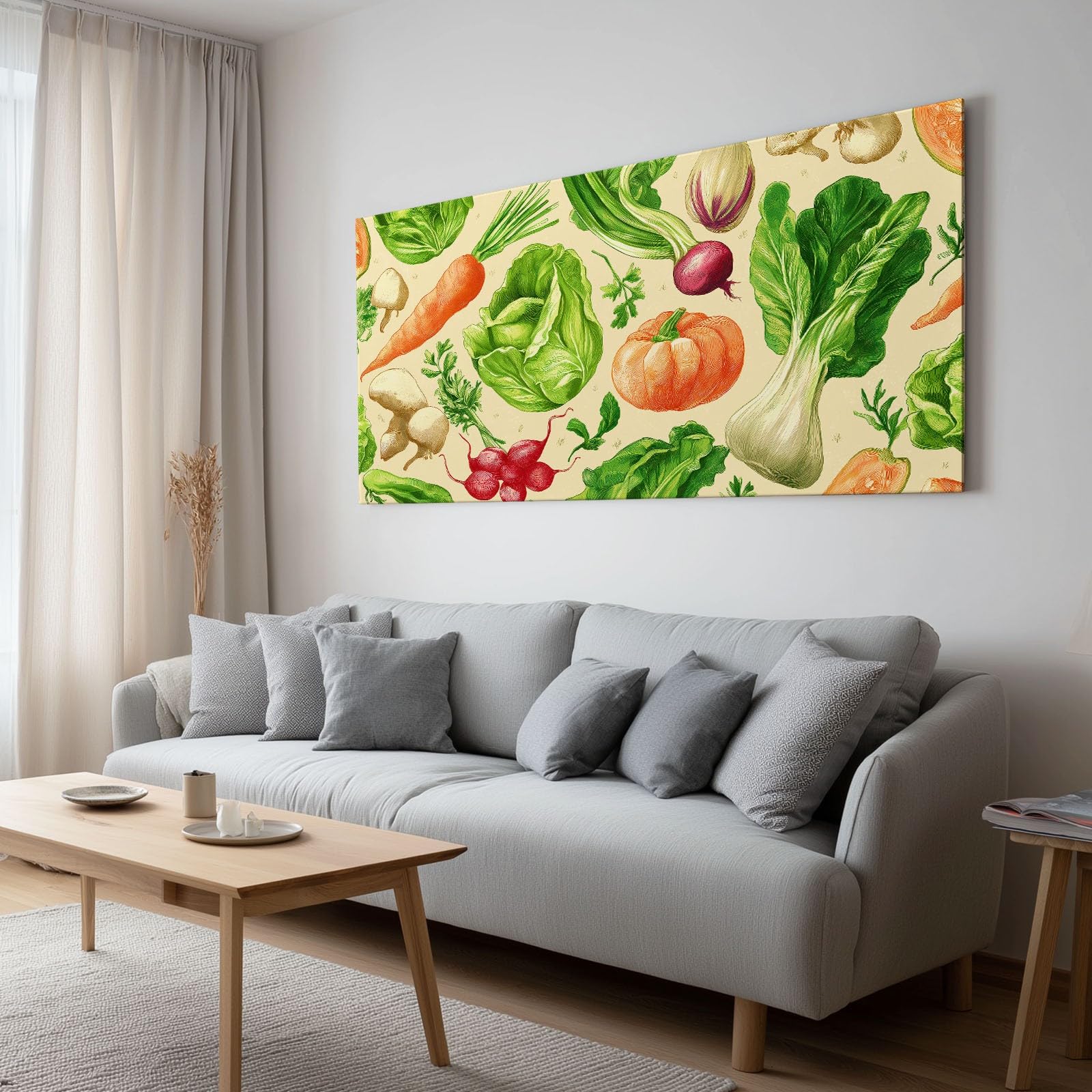 Generisch Natürlich Ländlich Gemüse Lebensmittel Modernes Leinwandbild 120L x 60B cm mit Rahmen, Cartoon Stil XXL Wanddeko für Wohnzimmer Geschenk Idee Einzug - Hochwertiger Kunstdruck auf Holzrahmen