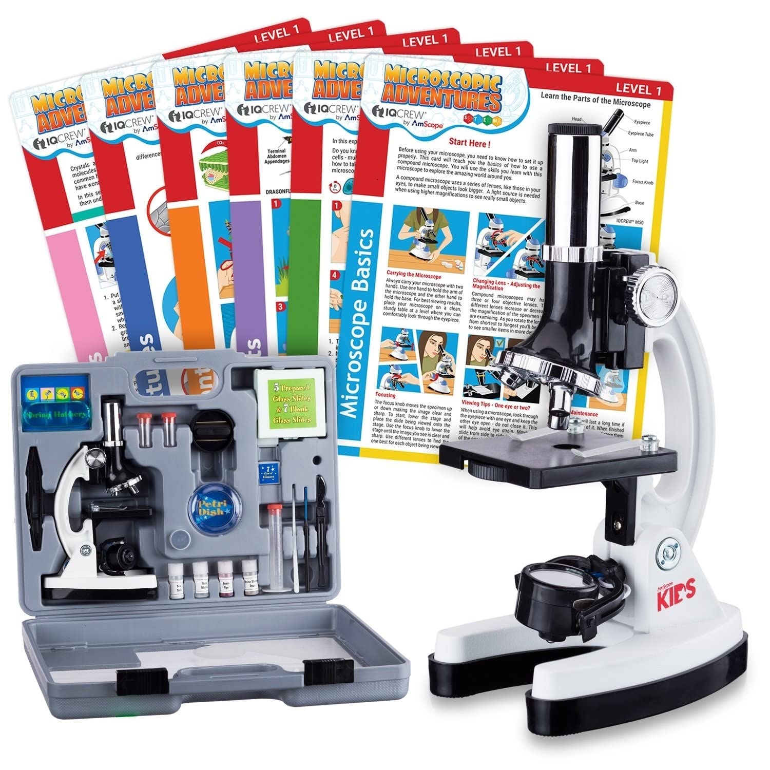 52pc Beginner Microscope Set, Kids Science Kit w/Accessories and Case + 6 Microscope Experiment and Activity Cards - White - M30-ABS-KT2-W-EXCL1