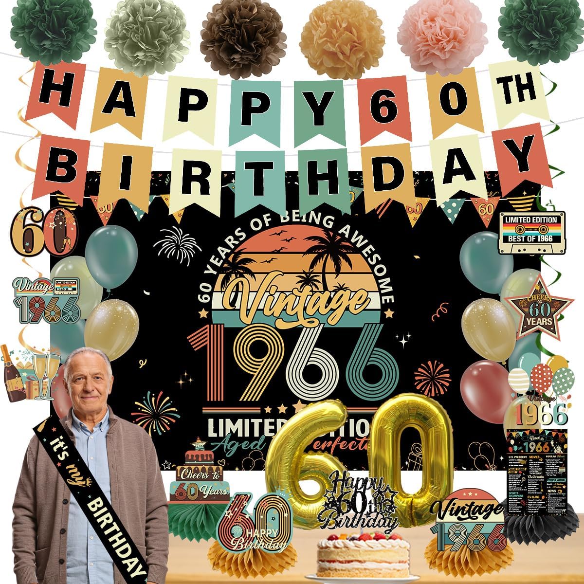 Vintage 60th Birthday Decorations for Women Men Back in 1966 Party Decor Banner Hanging Swirls Retro 60th Backdrop Centerpieces Cake Topper Sash Pompoms Balloons, Cheers to 60 Years Old Party Supplies
