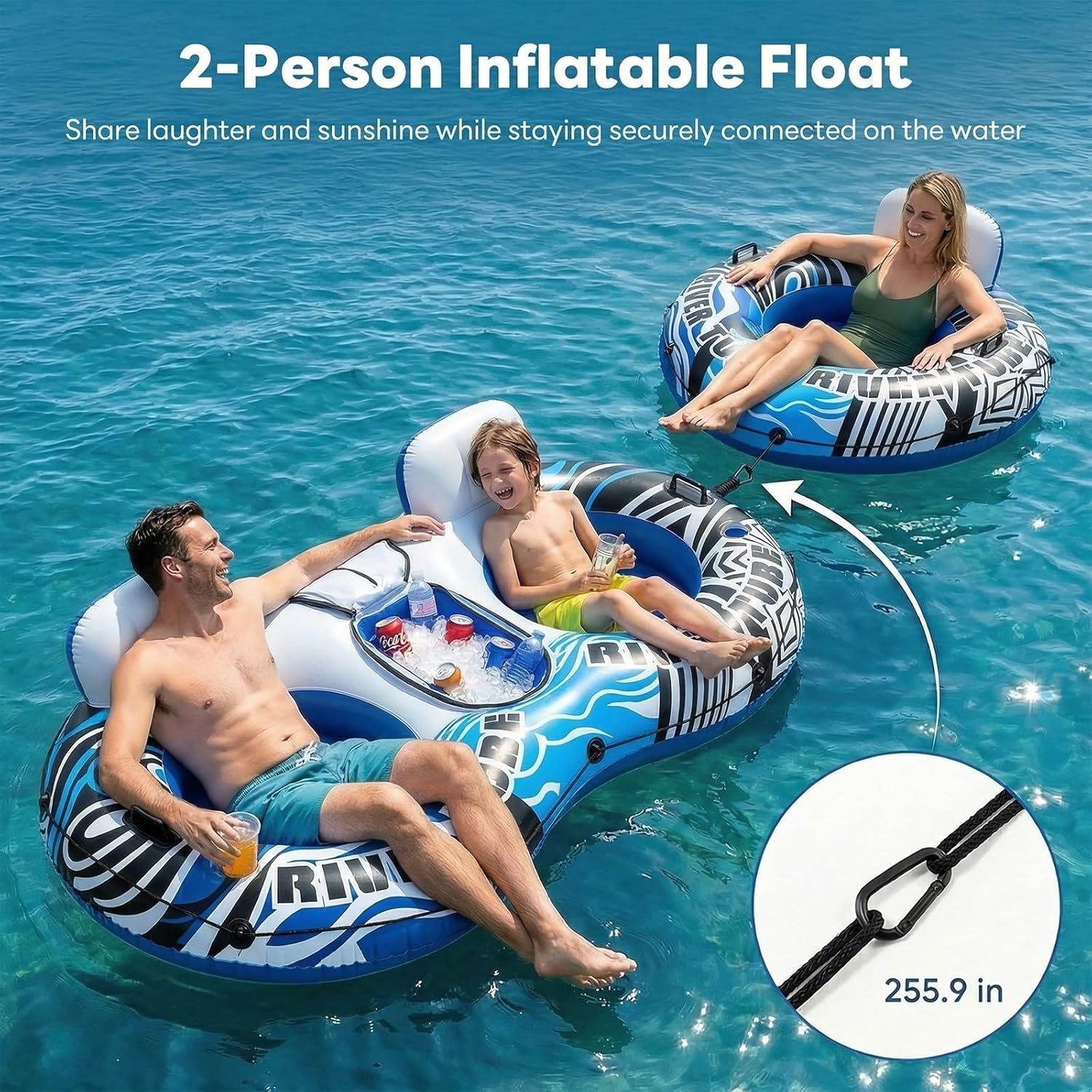 OLIXIS 2 Person Inflatable River Float with Removable Cooler and 2 Cup Holders, Supportive Backrest, Durable Handles, Heavy Duty Lake Pool Tube with GRAP Rope