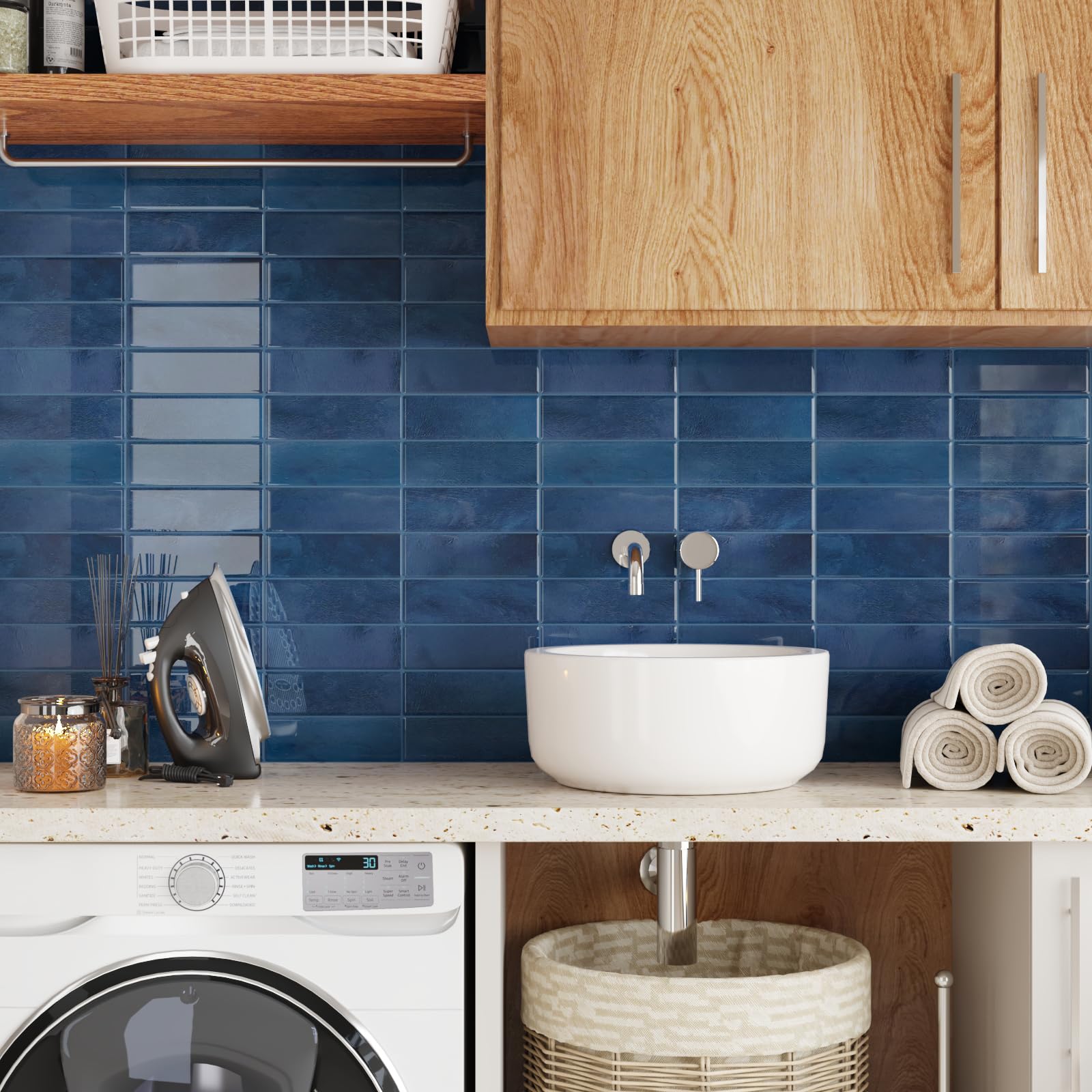 CRE8TIVE Carrelage Adhesif Mural Cuisine 16 Pièces Credence Adhesive pour Cuisine Bleu Foncé Marbre Carrelage Rectangulaire Carreaux Adhesif Salle de Bain Imperméable Buanderie Cheminee 30.5 x 30.5cm