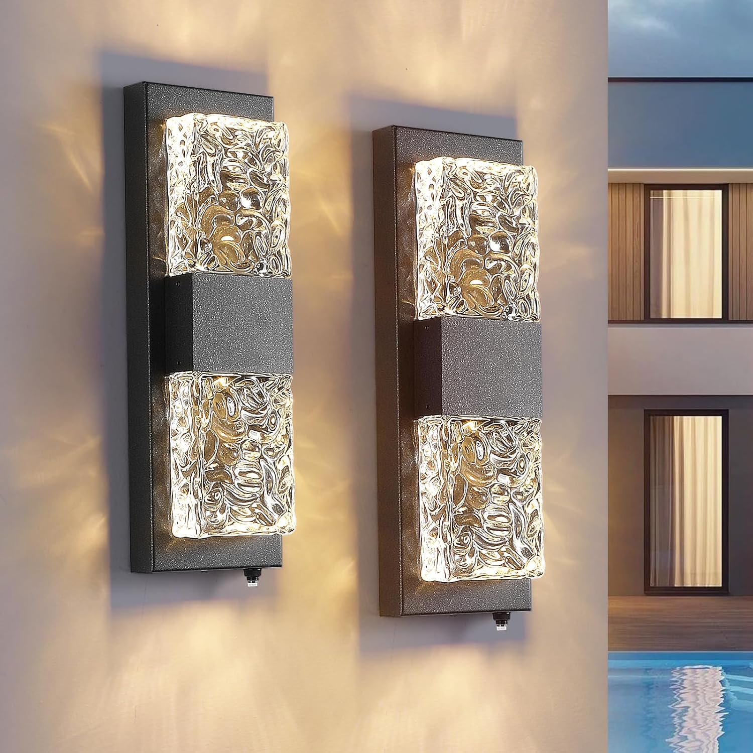 HITTO Dusk to Dawn Outdoor Lighting Porch Lights Outdoor IP65 Waterproof Exterior Lighting Fixtures 12W LED Ripple Crystal