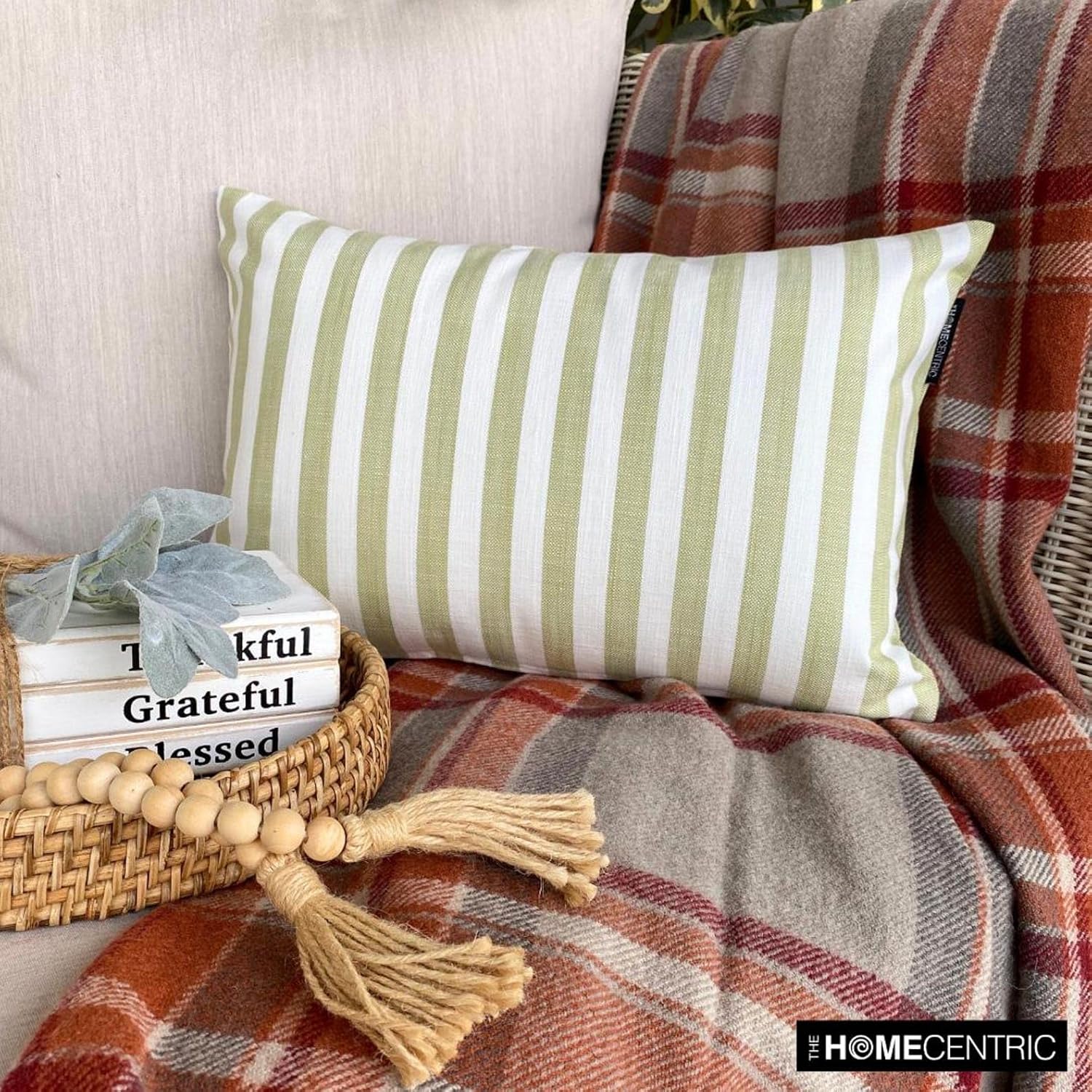 Holiday Striped Lumbar Pillow Cover, 12" x 14" Green Cotton Pillowcase, Farmhouse Check & Stripe Christmas Oblong Pillow Cover For Sofa Couch, Hotels, Living Room, Bed Room - Lush Lines Verde