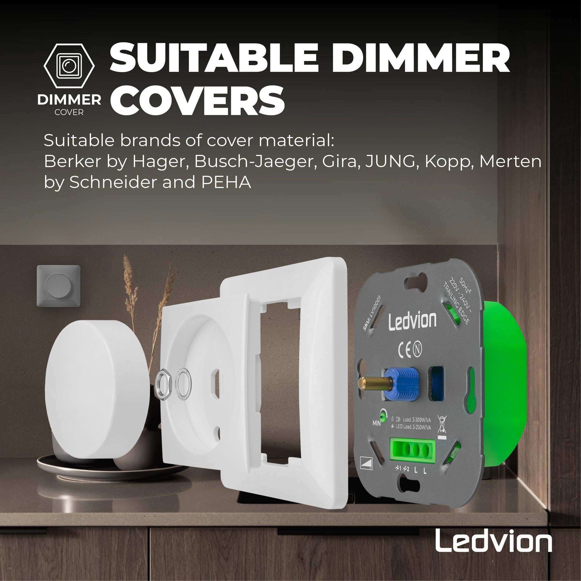Ledvion - Interruttore Dimmer LED, LED 3-250 W/Alogeni 3–300 W, Copertura Bianca, Taglio di Fase, Dimmer Rotativo da Incasso, Variatore Rotativo LED