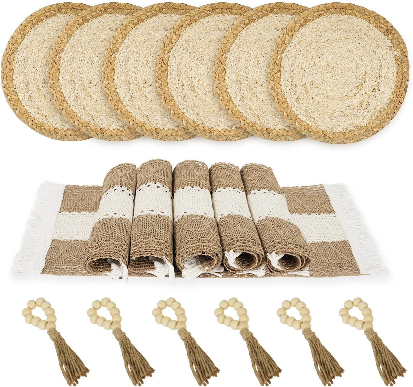 Phantomon Boho Placemats Set of 4 with Wooden Bead Napkin Rings - Natural Cotton, Burlap Rectangular Mats and Handmade Straw Woven Round Placemats for Farmhouse Dining Table or Kitchen Decor