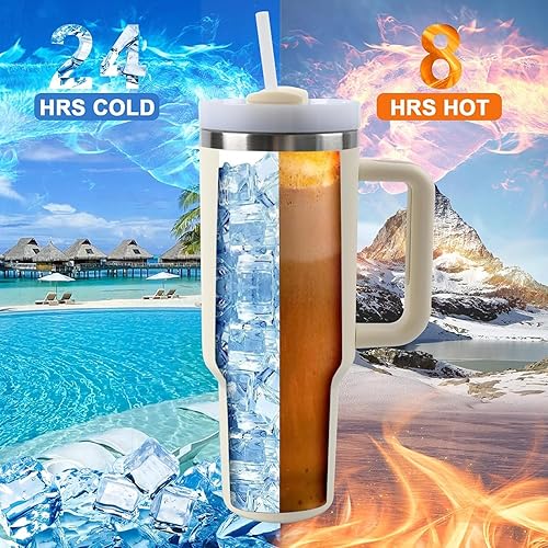 Miniatura 4 de Vaso Quencher H2.0 de 40 onzas, acero inoxidable, aislado al vacío, incluye tapa y pajilla, ideal para agua, té helado, café, licuados, color crema