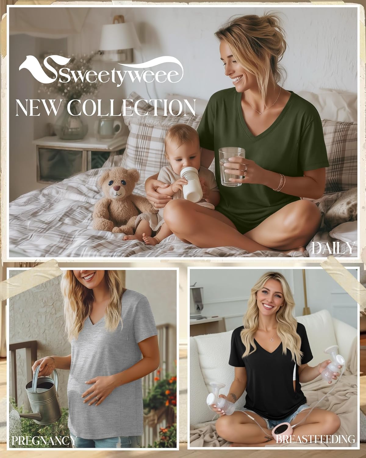 3 Pack Women's Nursing Tops, Hidden Zipper Nursing Shirts for Breastfeeding & Pumping V Neck Short Sleeve - Image 2