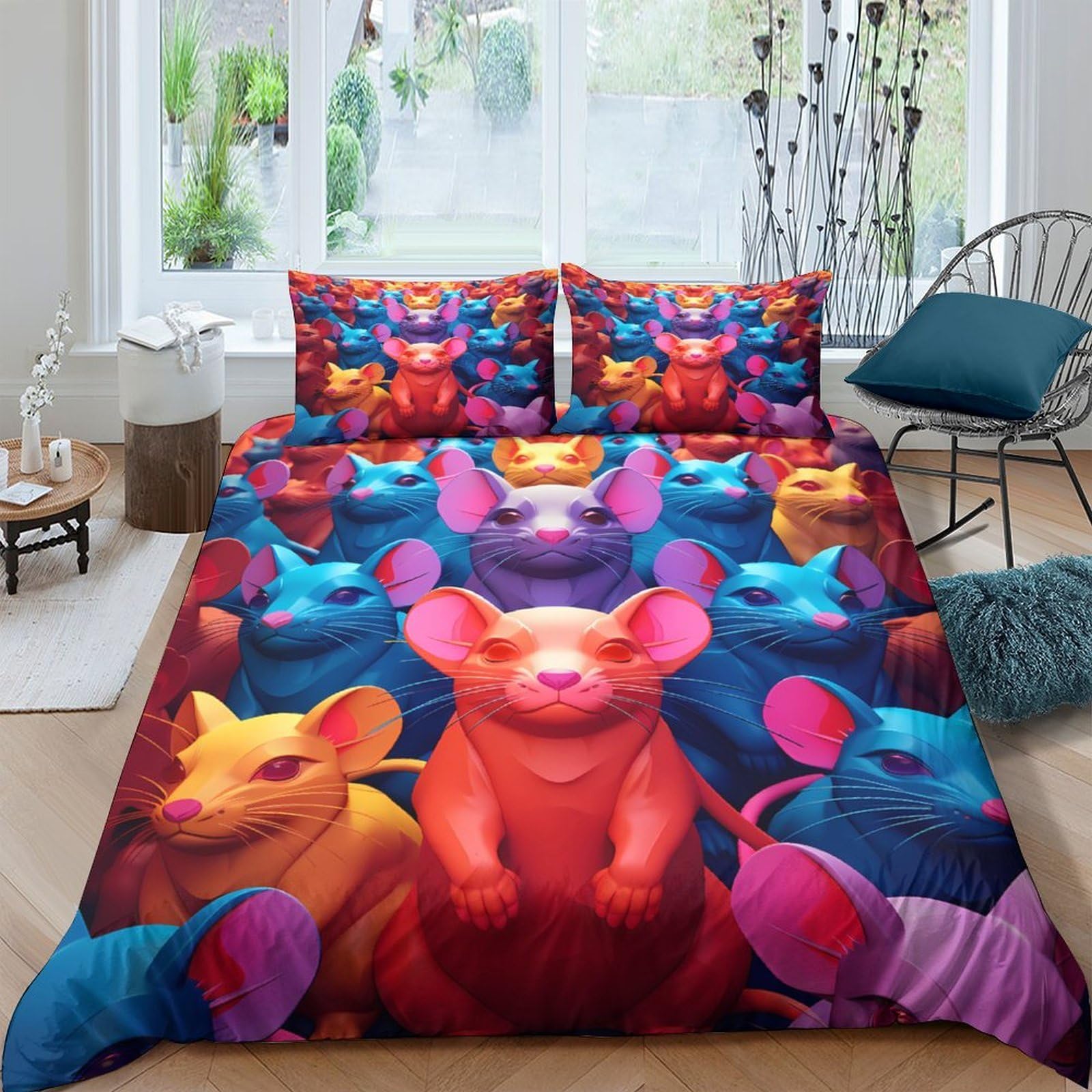 Ctjqhvkz Style-7 3D Printed Colorful Mouse Fitted Sheet Microfiber Soft Anti-Slip Cartoon Rat Bed Cover For Bedroom Guest Room Decor Single（135X200cm）