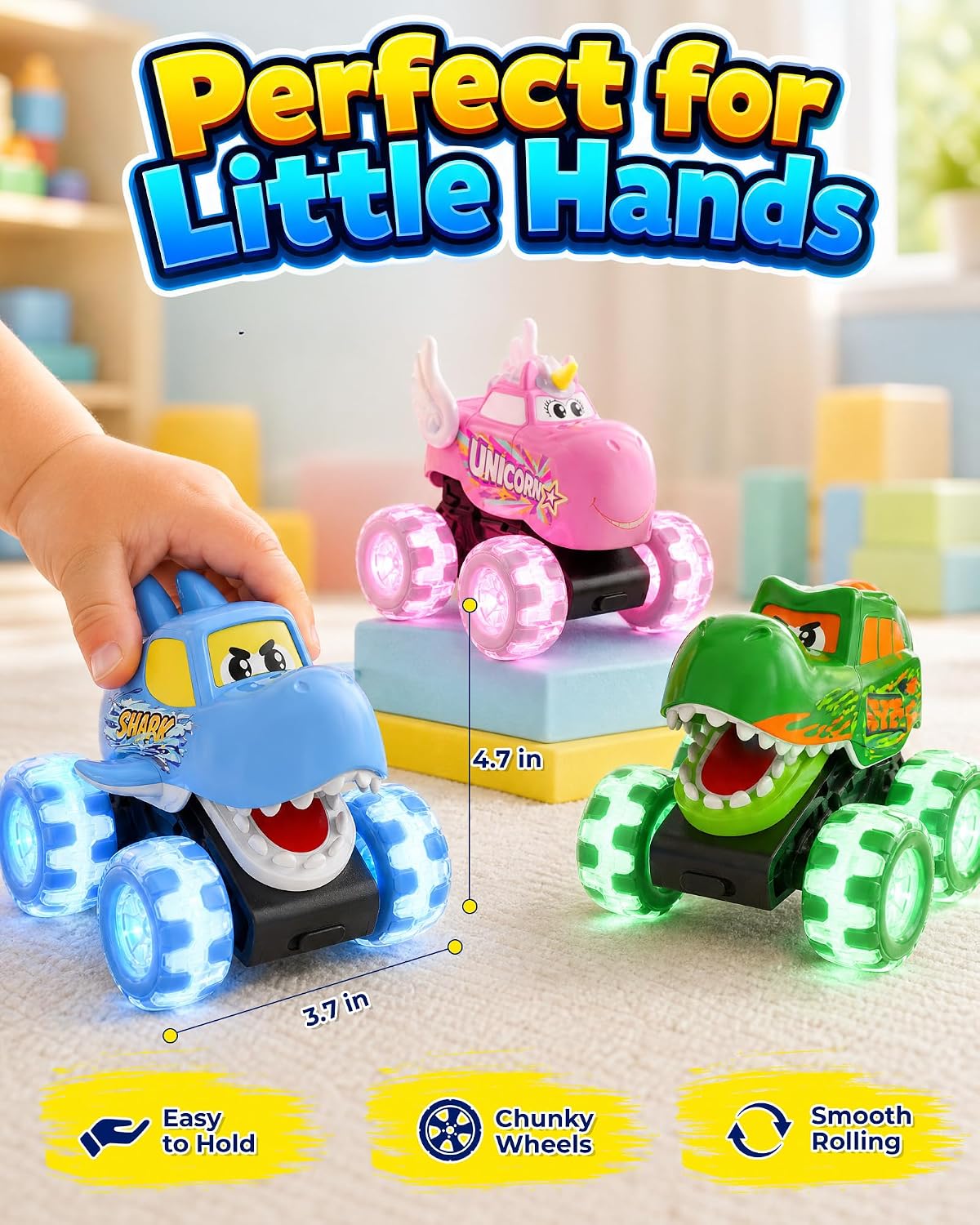 3 Pack Monster Truck Toys for Toddlers, Light Up Animal Monster Trucks with Big Wheels, Friction Powered Toy Cars, Shark Dinosaur Unicorn Trucks for Boys and Girls Ages 18 Months and Up