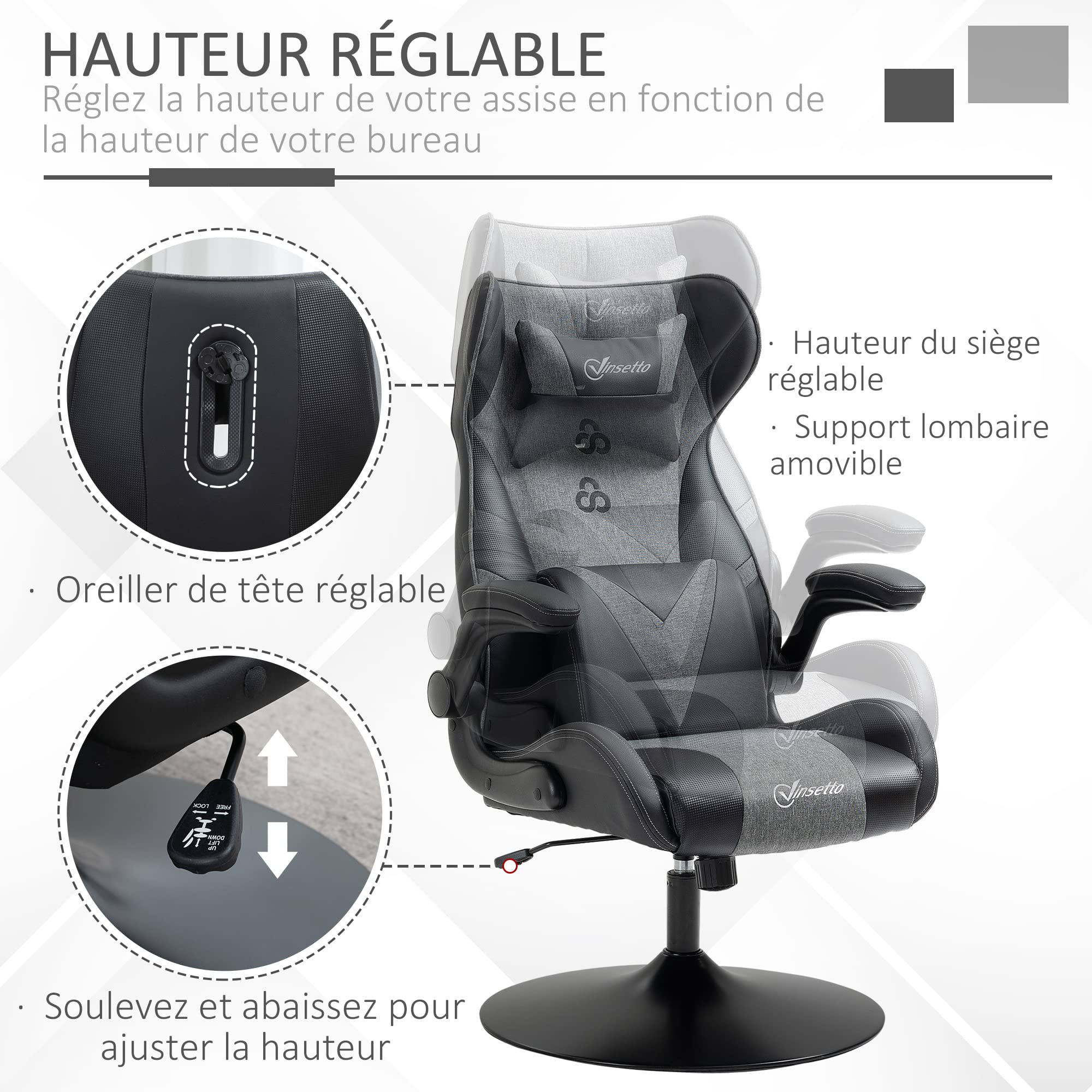 Vinsetto Chaise de Gaming Ergonomique avec Base Ronde Hauteur réglable accoudoir relevable Coussins tétière et lombaires PU Gris Noir