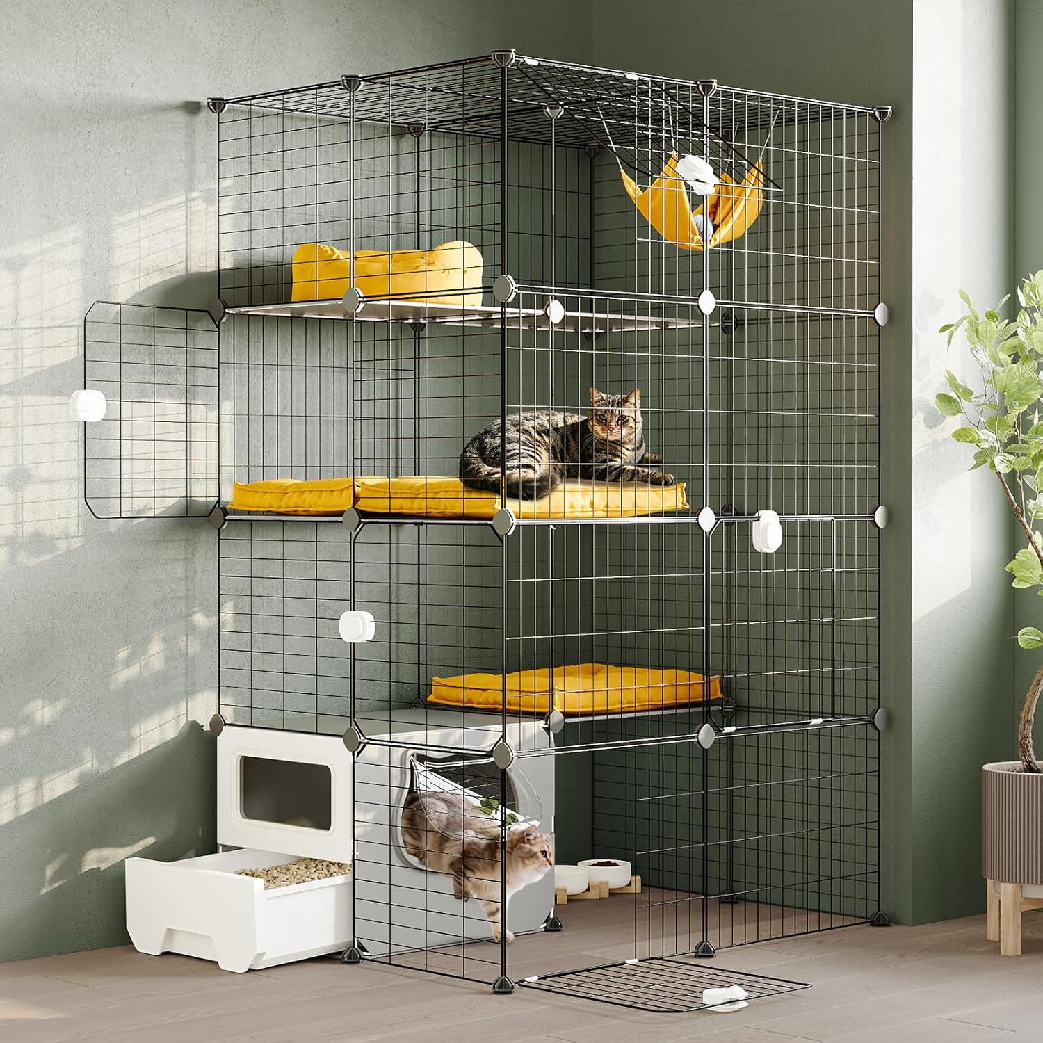 Oneluck Cat Cage with Litter Box, 4-Tier DIY Enclosures Detachable Metal Wire Kennel Catio Indoor Crate Large Exercise Place Ideal for 1-2 Cats