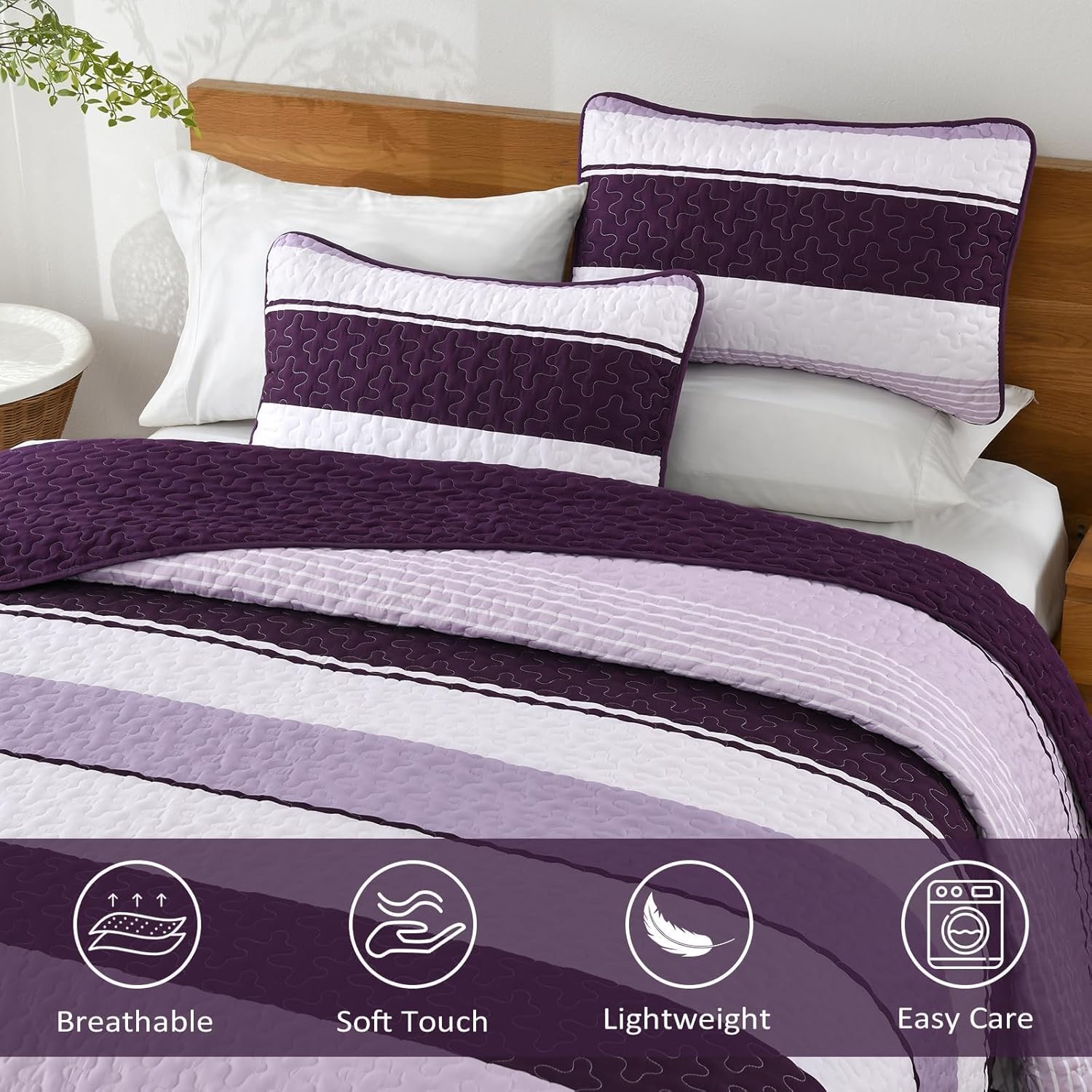 Dinjoy Purple Striped King Size Quilt Set,Boho King Quilt Bedding Set Lightweight Bedspreads Micofiber 3 Pieces Farmhouse Quilts Lavender Patchwork Coverlet Bed Sets for Fall Winter - Image 3