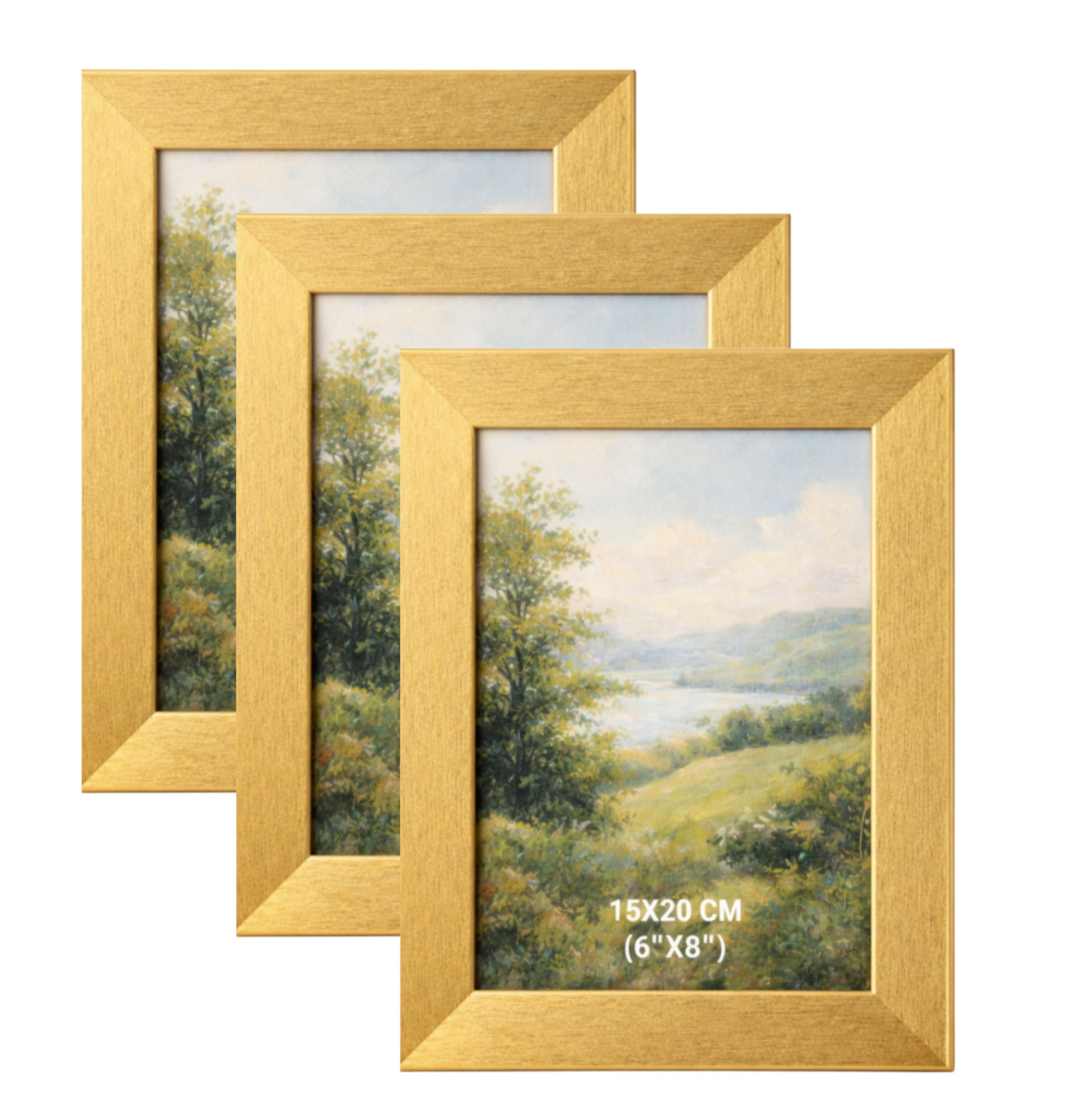BH | 6x8 Gold Picture Frame Set of 3 | 15 x 20cm Wood Photo Frame with Glass Front | Tabletop and Wall Mounting Display | Horizontal or Vertical Use for Living Room, Bedroom & Office - by Best House