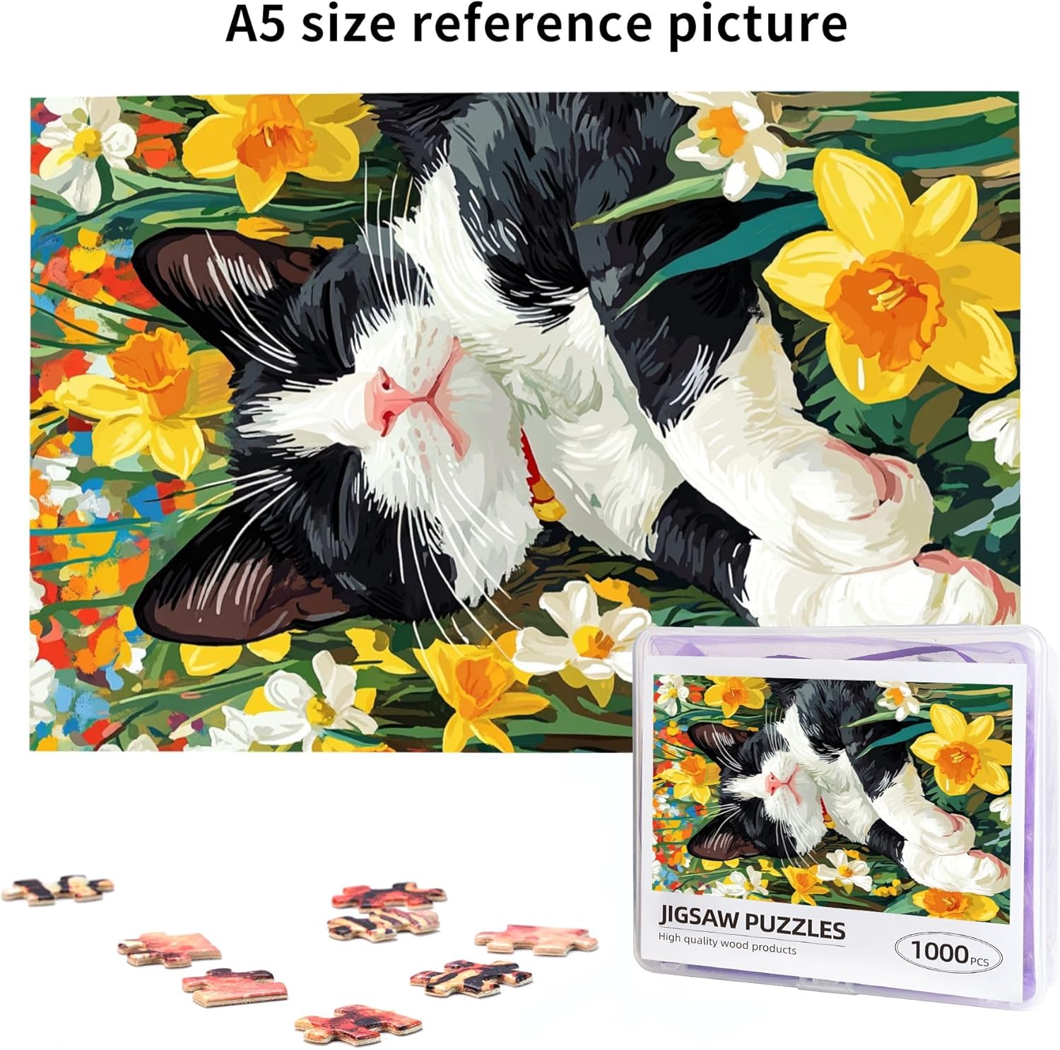 Spring Flowers Cat Puzzle – 1000 Piece Wooden Puzzle for Adults, Relaxed Black and White Cat Among Colorful Daffodils