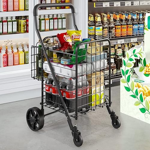 Miniatura 6 de siffler Carrito de compras con ruedas giratorias giratorias de 360 para comestibles, carrito de compras utilitario con cesta doble, carrito portátil