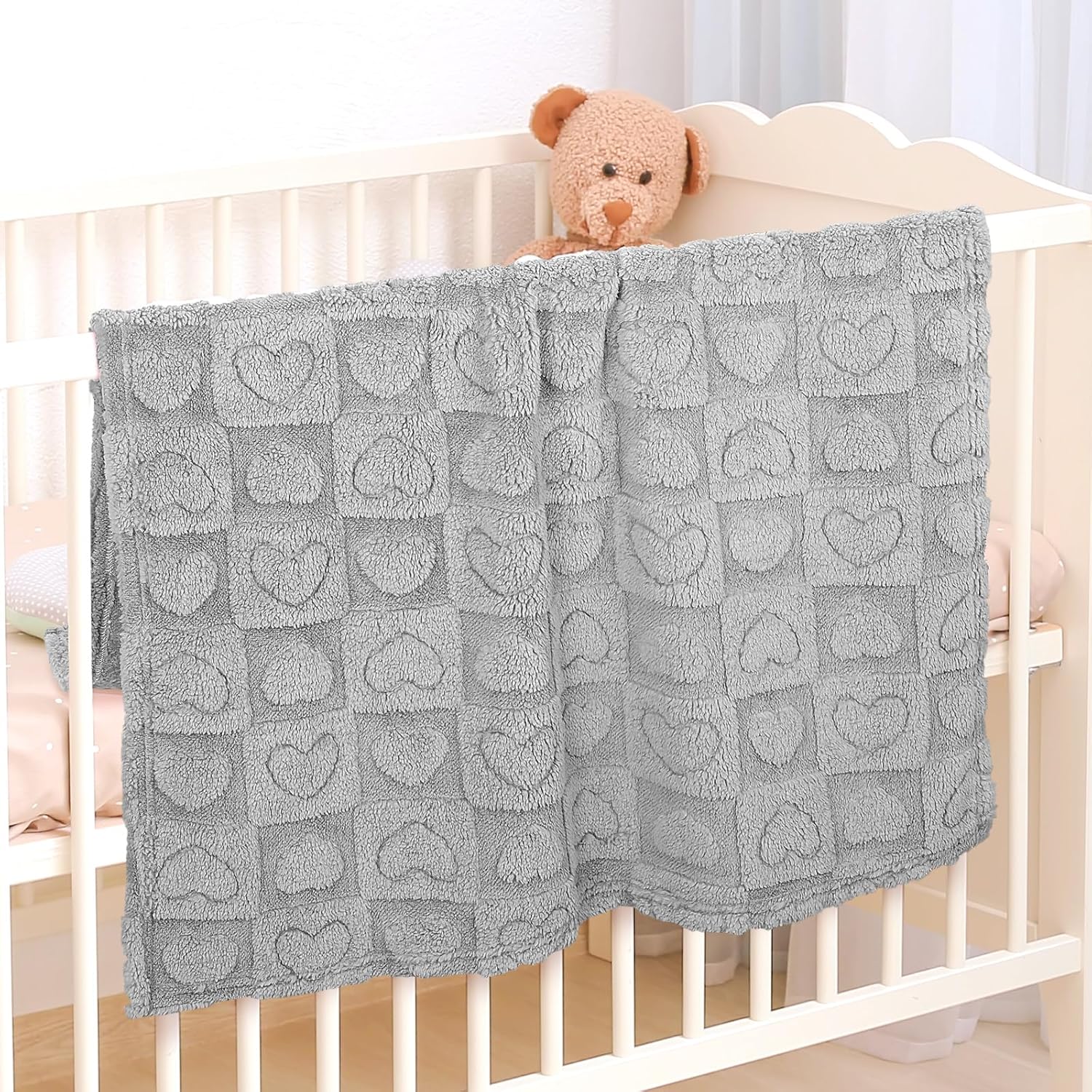Plush Soft with Heart Checkered Baby Blanket,Fleece Infant Toddler Blankets for Girls Boys,Warm Lightweight Breathable Newborn Receiving Blankets for Crib Stroller 30"×39" (Gray,Heart) - Image 6