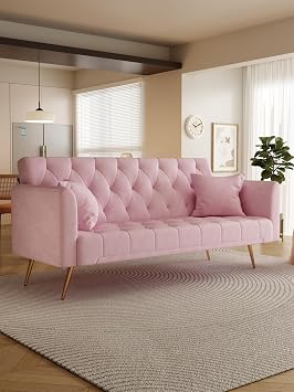 71" Modern Velvet Lounge Sofa,with Adjustable Backrests,Convertible Folding Sleeper Couches,Loveseat Sofa,2 Pillow,with Golden Chrome Legs,for Small Living Room,Bedroom,Office,Pink