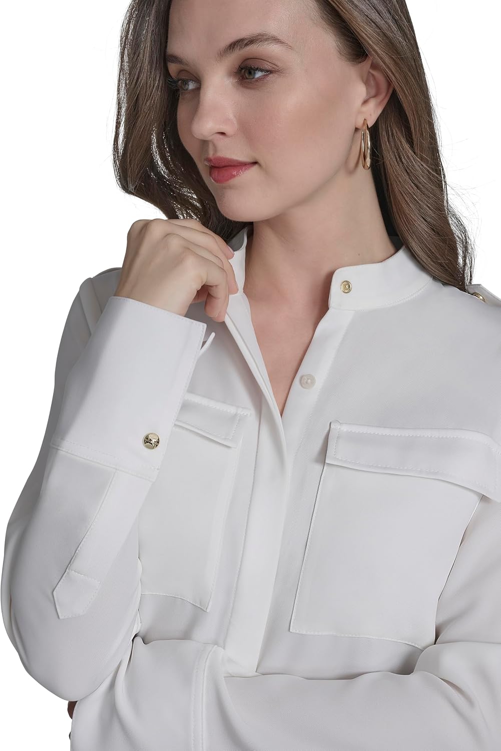 Halston Women's Long Sleeve Button Up Madarin Collar Pocket Front Blouse