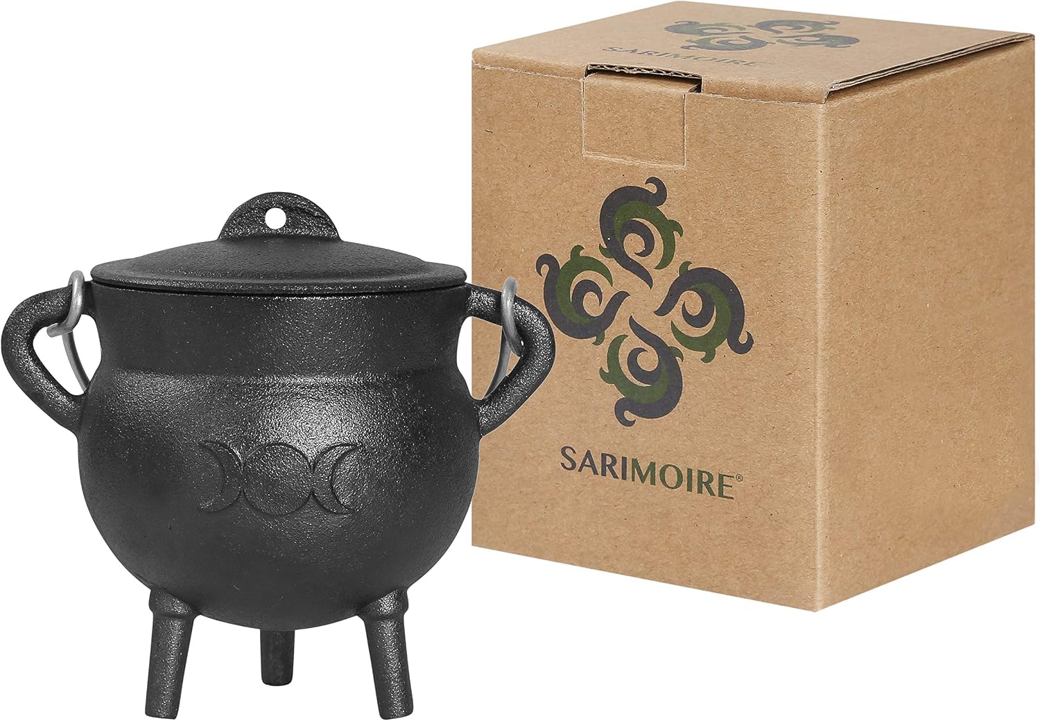Cauldron -5.25 Inch Triple Moon Cast Iron Cauldron with Lid and Handle - Perfect Incense Smudge Kit Sage Holder Altar Ritual Burning Holder