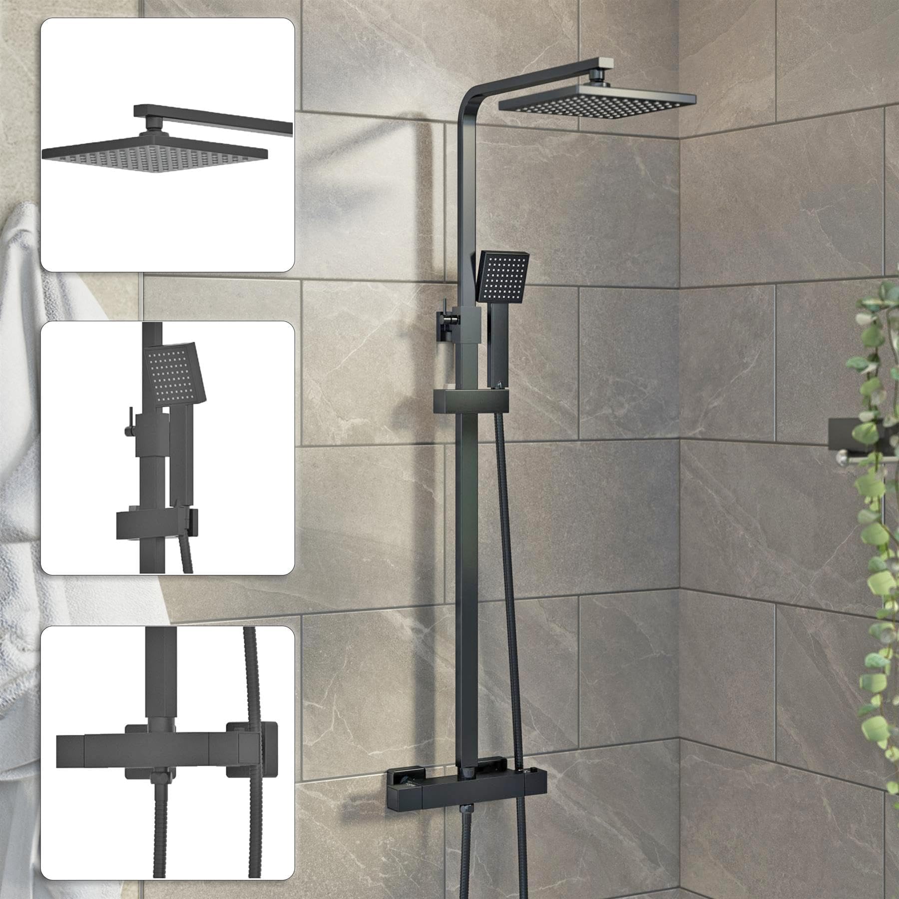 Architeckt® Thermostatic Shower Mixer Set with Rainfall Head Adjustable Riser Rail Handset and Hose Showers Thermostat Square, Matt Black