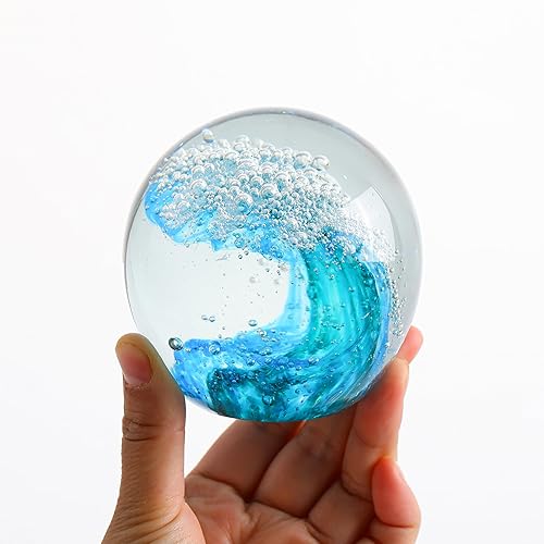 Miniatura 2 de Hand Blown Ocean Waves Glass Decor Crystal Ball - Coastal Collectible Figurines Sphere Paperweight Glass Ball Aquarium Decor Office Beach Decor