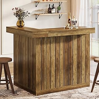 Tribesigns Bar Table, L Shaped Home Bar Unit for Home, 4-Tier Corner Liquor with Storage Shelves and Wine Glasses Holder, Industrial Wine Cabinet Reception Desk for Basement (1, Brown)