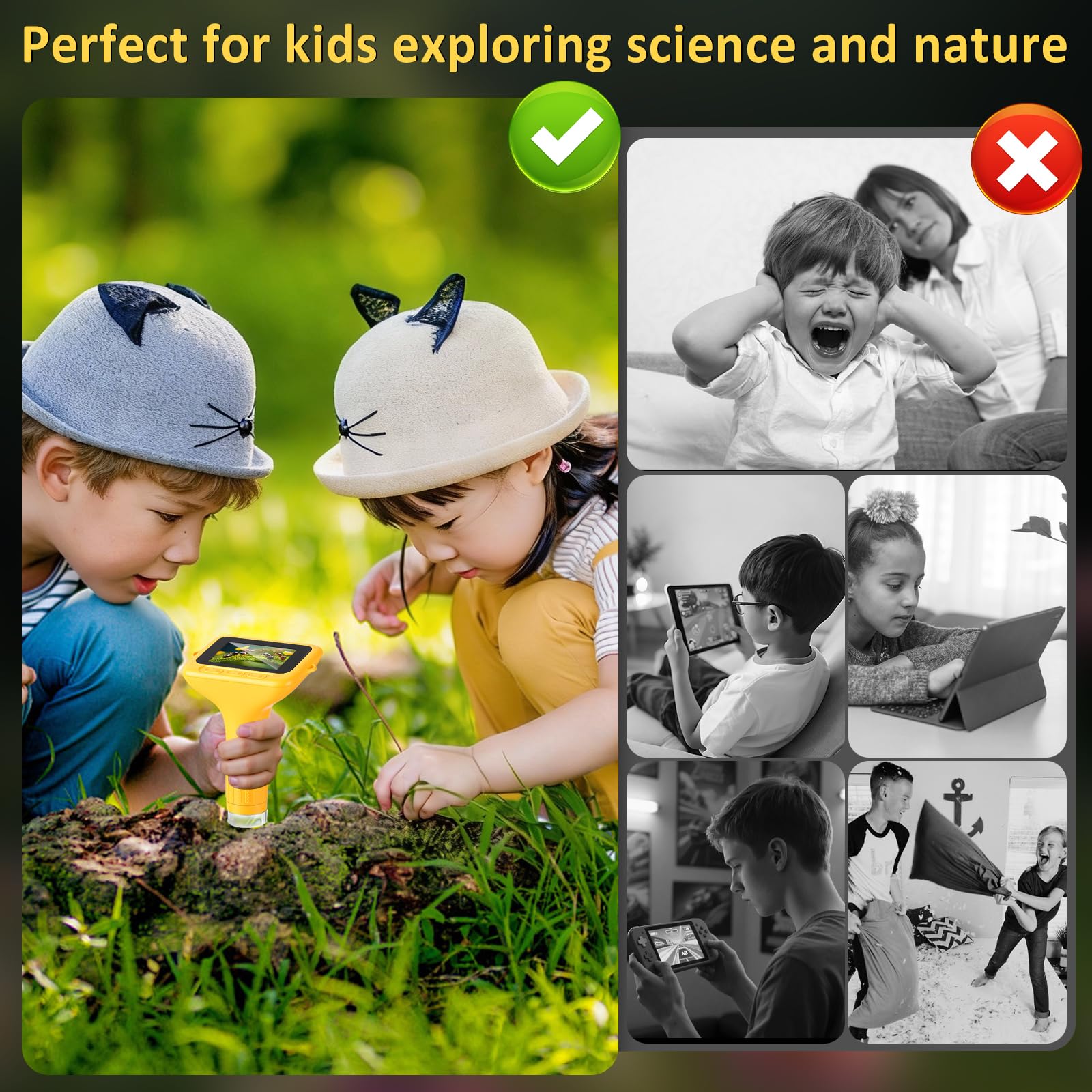 Microscopio per bambini: microscopio digitale con schermo IPS da 3", ingrandimento 1000x, microscopio portatile 1080P con 8 LED e 32 MB di memoria, microscopio tascabile USB per PC/Mac