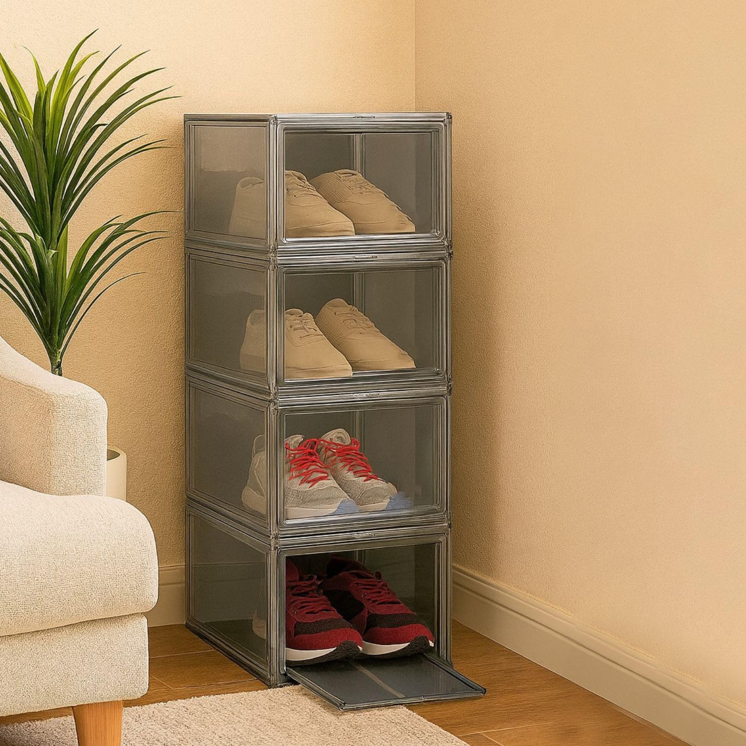 Bianco Grey Shoe Box with Magnetic Front Door Stackable Sneaker Display Box & Organizer Pack of 4 – Acrylic Dustproof Shoe Storage Cabinet Transparent Shoe Rack & Sneaker Crate for Home or Display