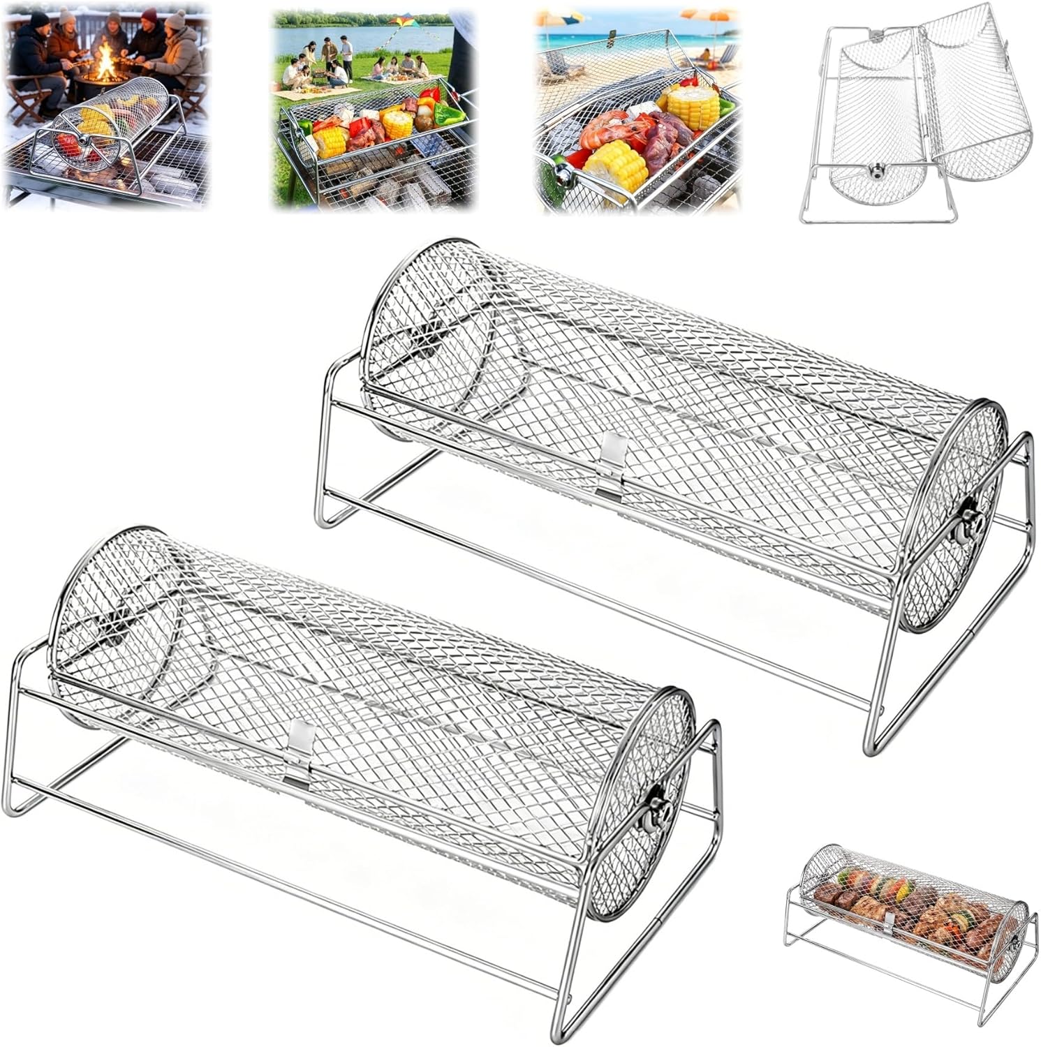 Rolling Grill Basket, Stainless Steel Rolling BBQ Basket,Rolling Grilling Baskets for Outdoor Grilling,Round Stainless Steel BBQ Grill Mesh for Vegetables, French Fries, Fish (1PC)