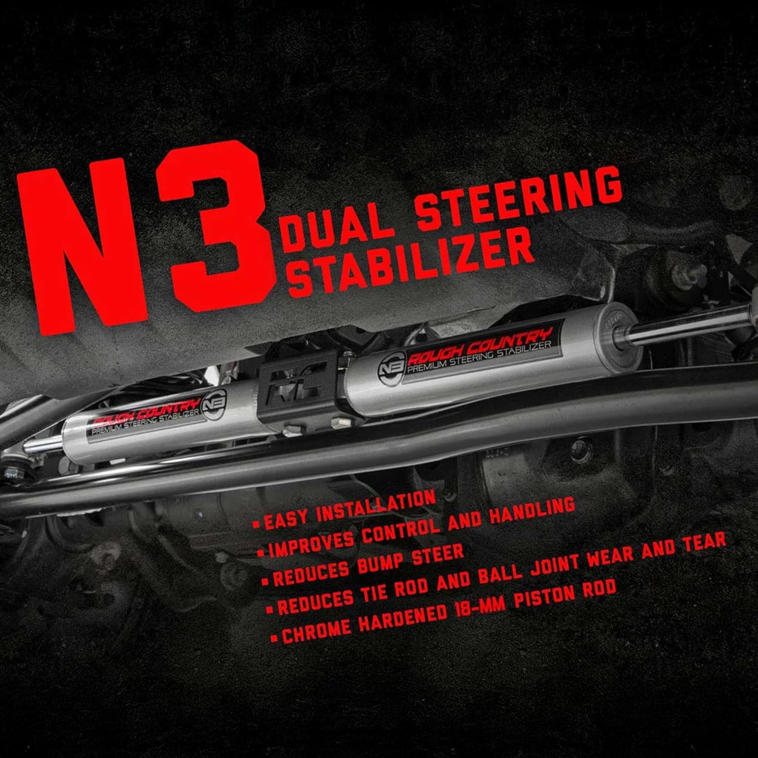 Close-up of the Rough Country N3 Dual Steering Stabilizer with text highlighting features like easy installation, improved control, reduced bump steer, and chrome hardened piston rod.