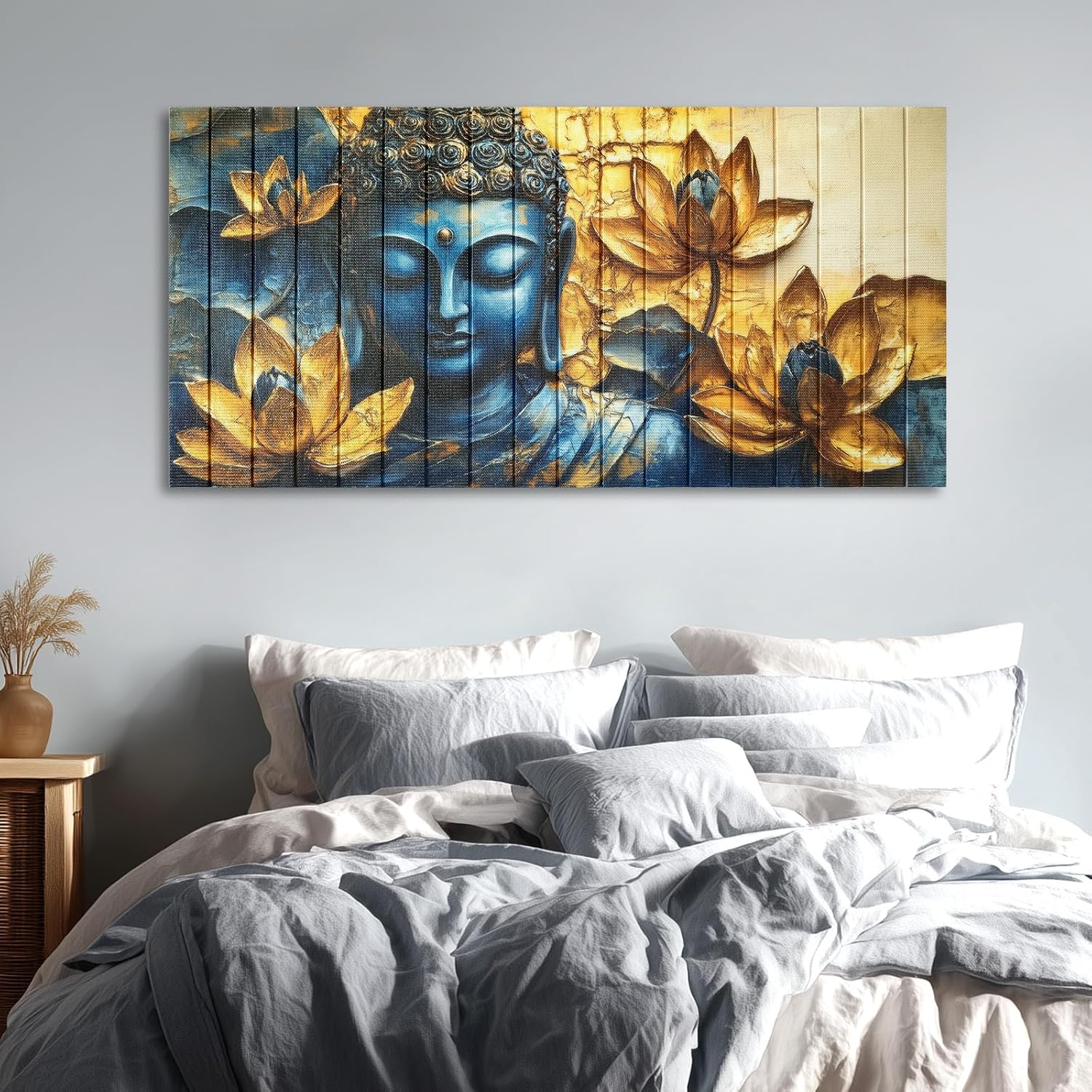 llribbons Vintage Buddha Wall Art Zen Lotus Flowers Canvas Ribbon Pictures Inspirational Wall Decor Handmade 3D Woven Textured for Buddhism Room Bathroom Bedroom Living Room Home Decor 20" x 40"