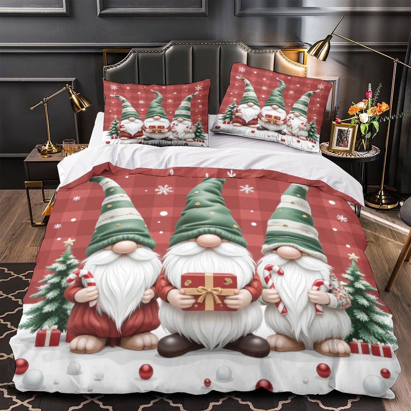 Gnomes de Noël Housse de Couette 200x200cm Microfibre 3D Respirante et Douce pour Lit Double