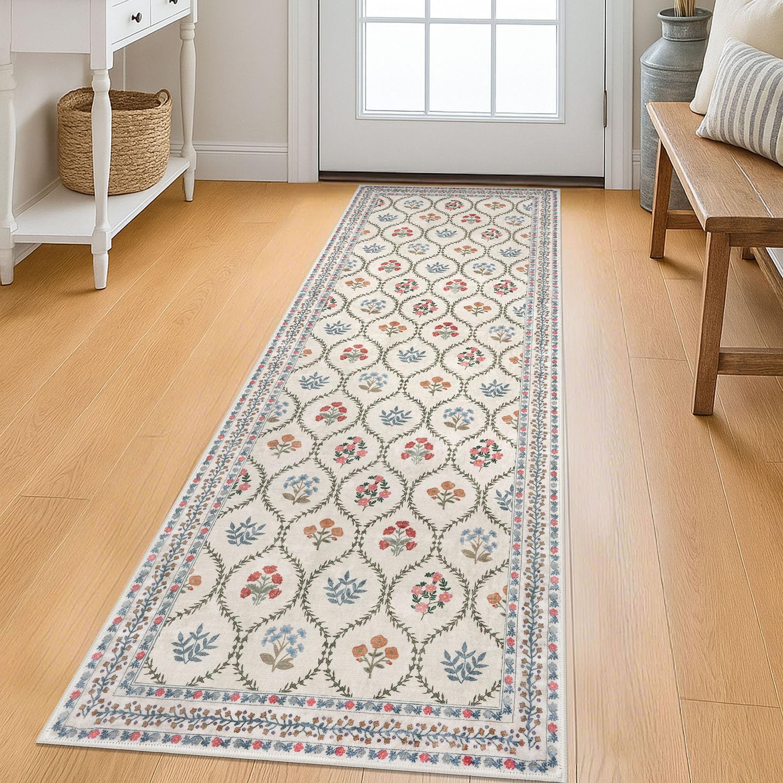 KILOCOCO 2x6 Moroccan Runner Rug, Ivory Super Soft Washable Hallway Entryway Runner Rug, Accent Print Faux Wool Kitchen Rug 6 Feet Non-Slip Boho Rug