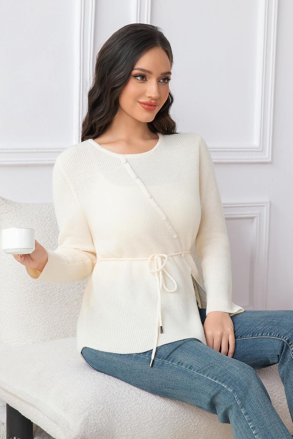 Women's Crew Neck Sweater Long Sleeve Pullover Tops Side Slit with Waist Lacing Sweater Lightweight Ribbed Knitted Tops - Image 3