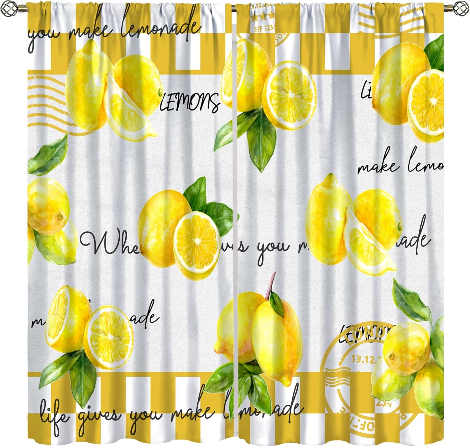 Yellow Lemon Kitchen Blackout Curtains, Countryside Farmhouse Vintage Retro Summer Fruit Yellow Checkered Windows Treatments Rod Pocket Drapes for Dining Room Living Room Bedroom 42x63in