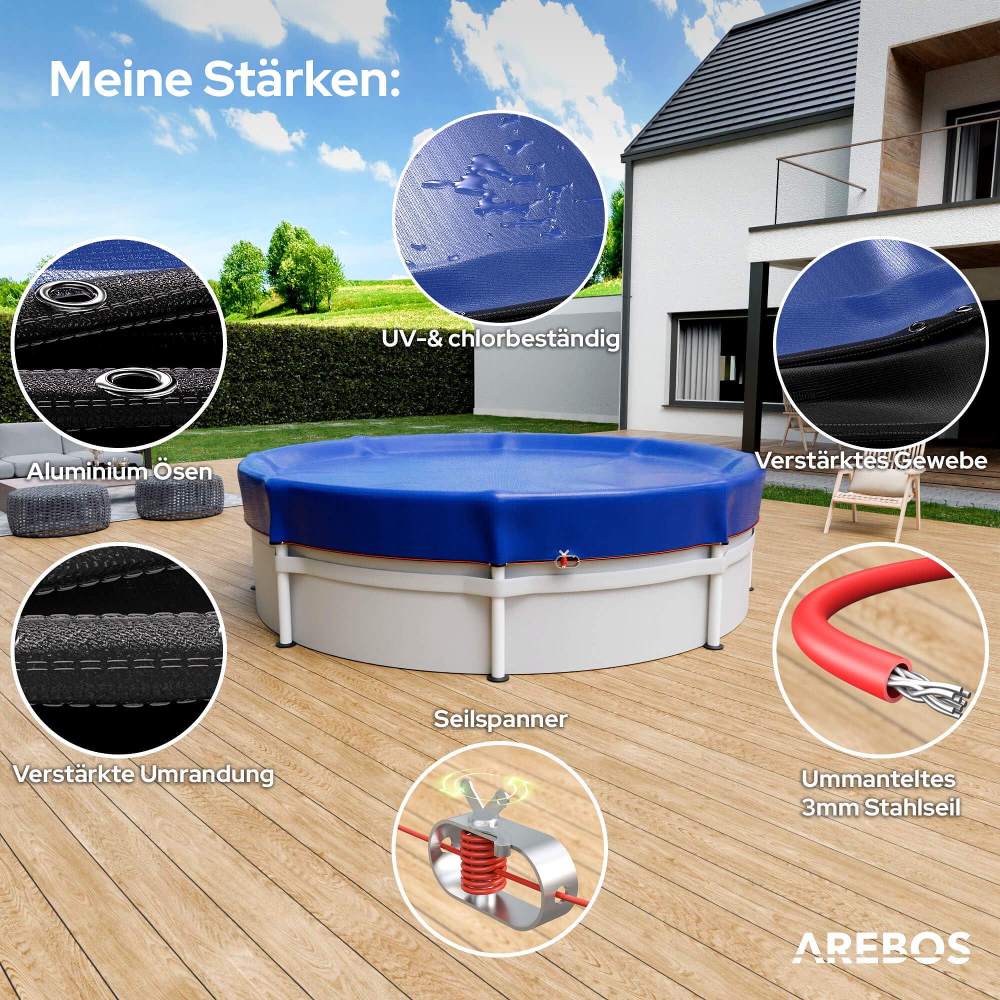 Arebos® Poolabdeckung rund Ø560 cm | 2-in-1 Poolplane aus 200g/m² PE Material | Sommer & Winter Abdeckung für Schwimmbecken | Solarplane Pool Plane | geeignet für Pools mit Ø 460-500 cm