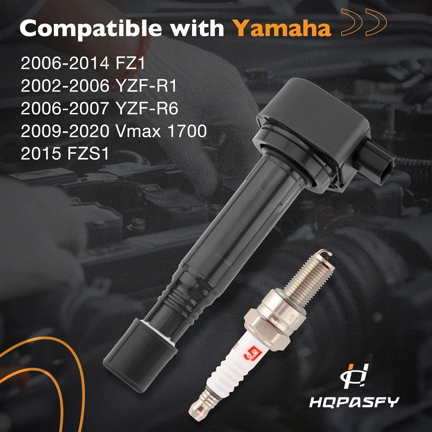 Ignition Coils & Spark Plugs, Compatible with Yamaha 2006-2015 FZS1000 FZ1, 2002-2006 YZF R1, 2006-2007 YZF R6, 2009-2020 Vmax 1700, Replaces# 5VY-82310-00-00 (Set of 4)