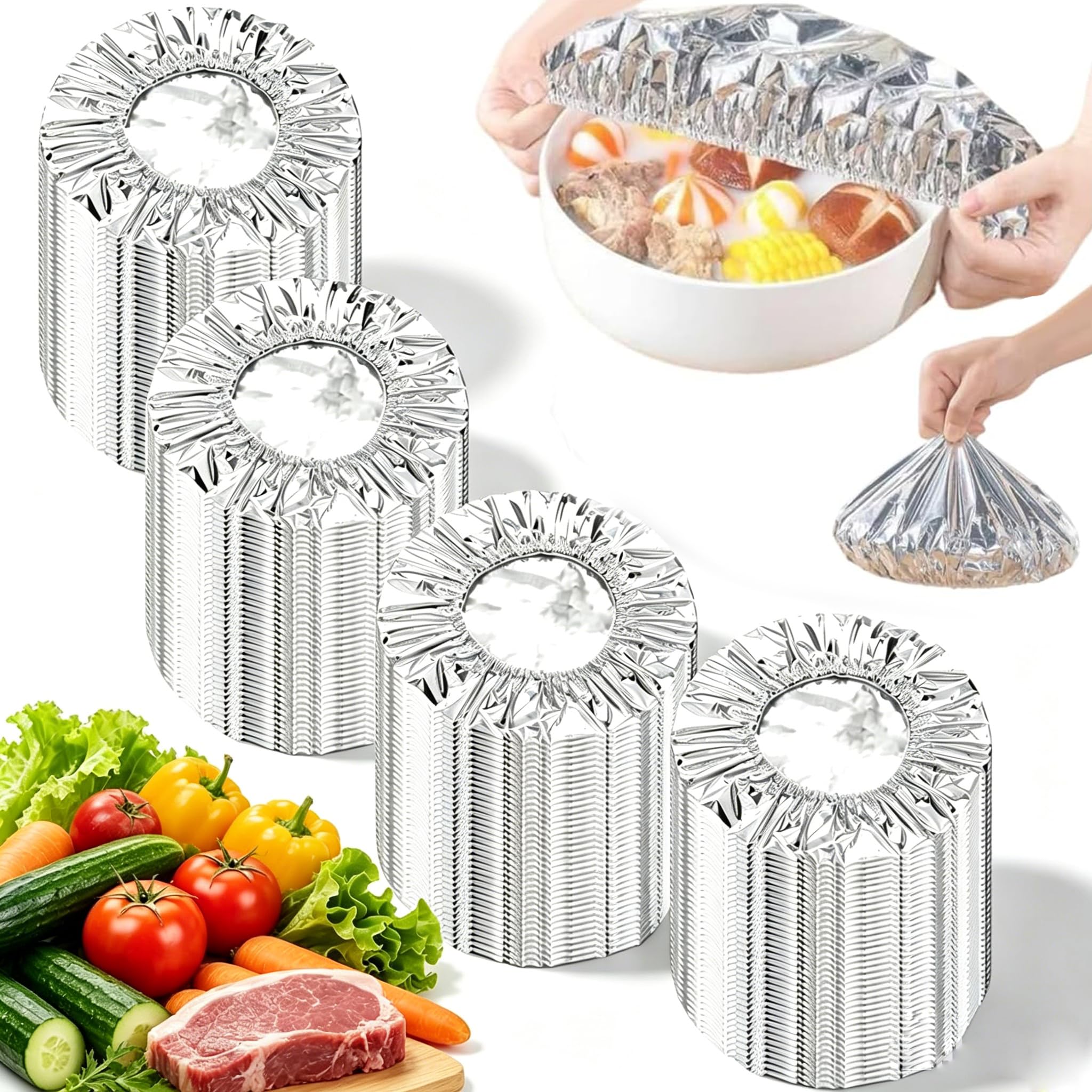 100PCS Reusable Aluminum Foil Food Covers,Thickened Aluminum Foil Insulation Covers,110℃ Heat Resistant Elastic for Meals Prep Vegetables Fruits Leftovers for Kitchen Reusable Picnic Restaurant