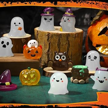 Simgoing 48 Pcs Halloween Luminous Ghost Halloween Miniatures Cute Ghost Pumpkin Bat Owl Resin Figurines Statue Mini Glow in the Dark Resin Figures Garden Decor for House Micro Landscape