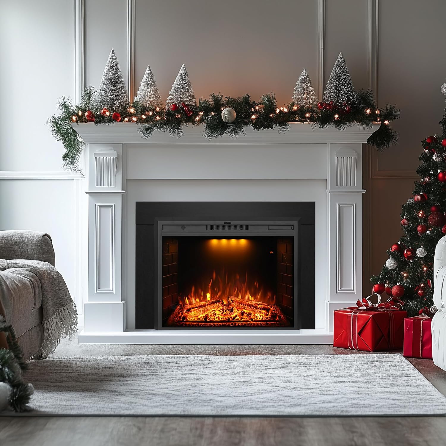 36 inch Electric Fireplace Inserts with Trim Kit, 44"X 32" Max Openning,Fire Crackling Sound, Adjustable Brightness& 3 Mood Lights Colors, Remote Control, Low Noise, 1500W, Black
