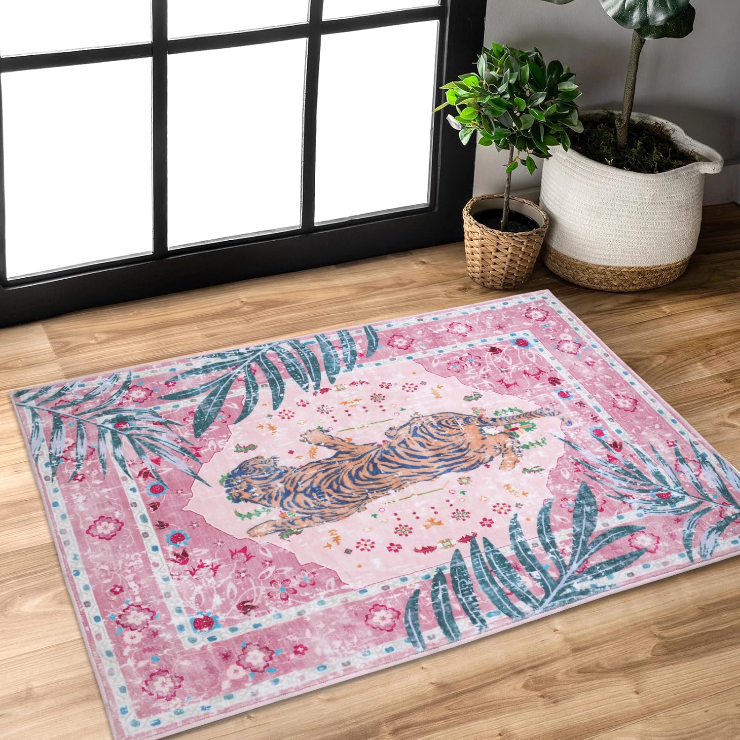 2x3 FT Leopard Rug for Living Room Pink Leopard Vintage Animal Rug Aesthetic Pink Rugs for Girls Room Nursery Bedroom Home Office Dorm Thin Bright Magenta Carpet (Light Pink, 2X3 FT) — image 1