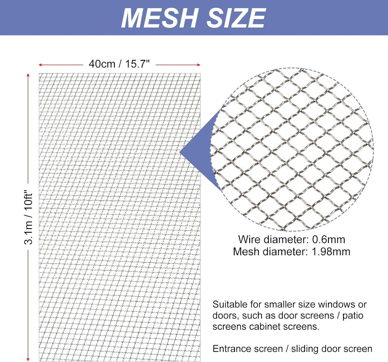 PATIKIL Stainless Steel Woven Wire Mesh -10 Mesh 304 Metal Screen Mesh Roll, Durable Wire Mesh Window Screen Mesh, Suitable for Safety Net, Filter Net, Construction Net (15.7inch x 10 Ft)