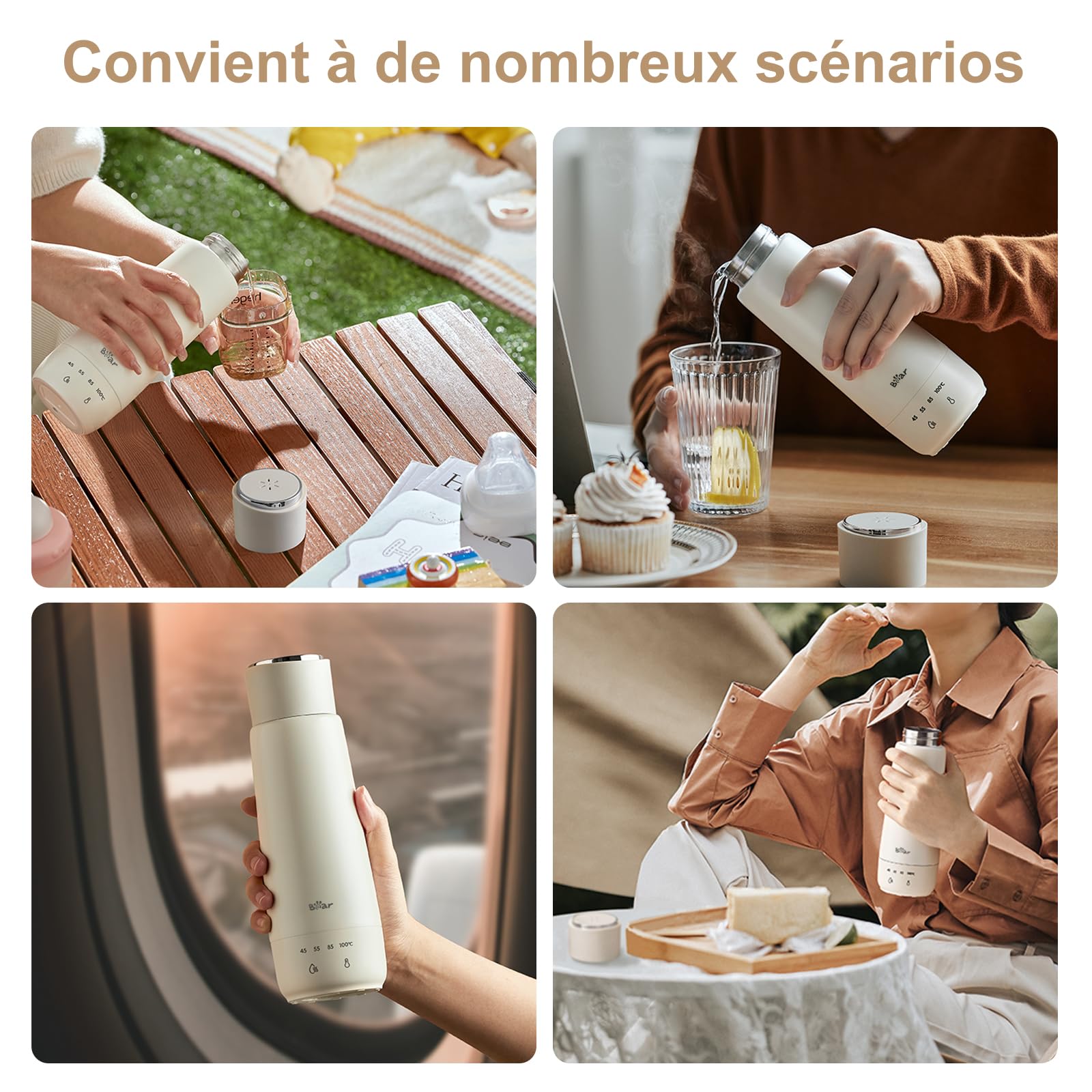 Bear 300 ml 4 Temperatures Bouilloire Electrique 3 en 1 Bouilloire Electrique de Voyage Doublure en Acier Inoxydable Double 304 Petite Tasse de Chauffage Rapide Portative
