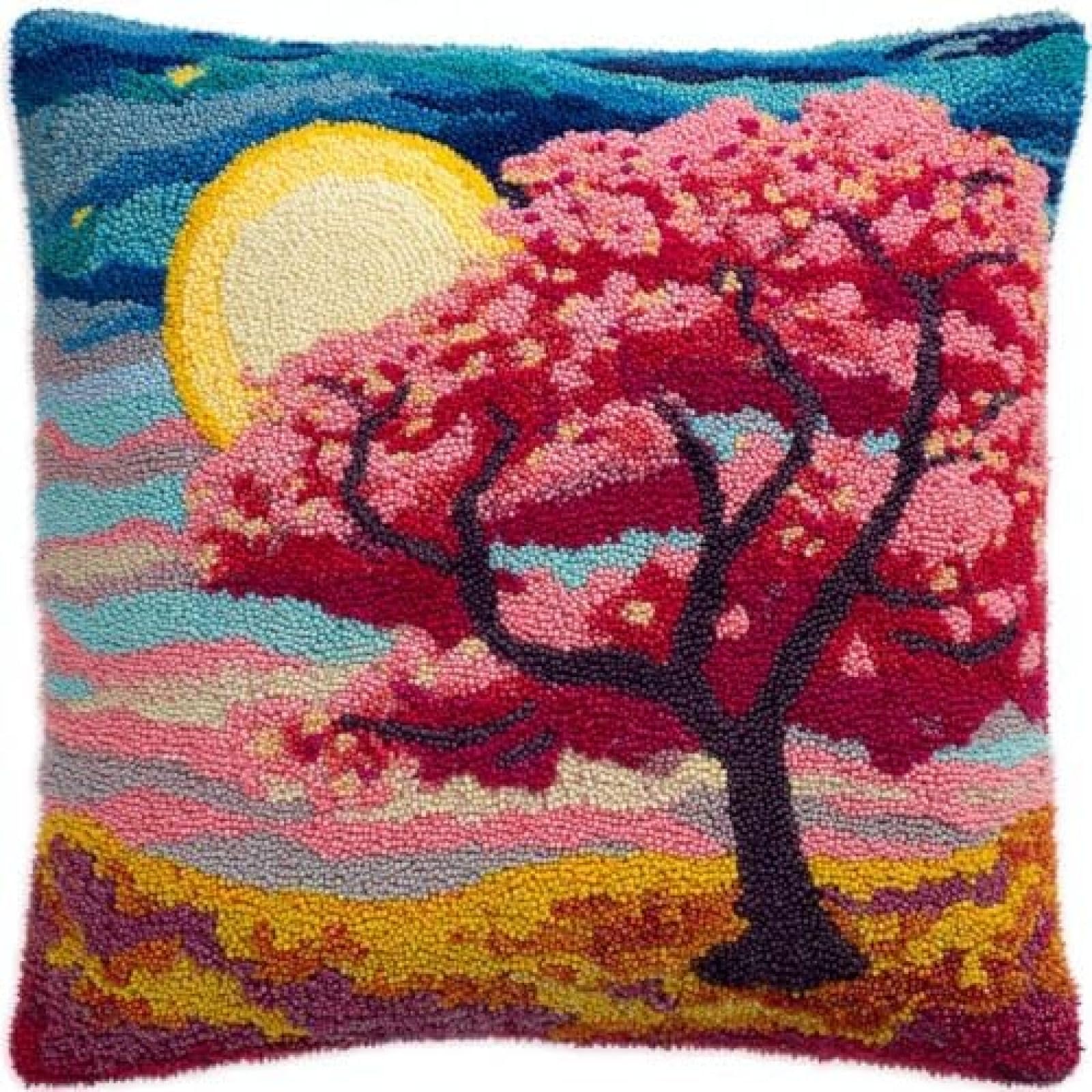 kitphoenix DIY Latch Hook Cushion Cover Kit for Adults,Cherry Flower Tree Blue Moon,Embroidery Crochet Craft Kit with Pre-Cut Yarn,Printed Canvas and Hook,43x43 cm